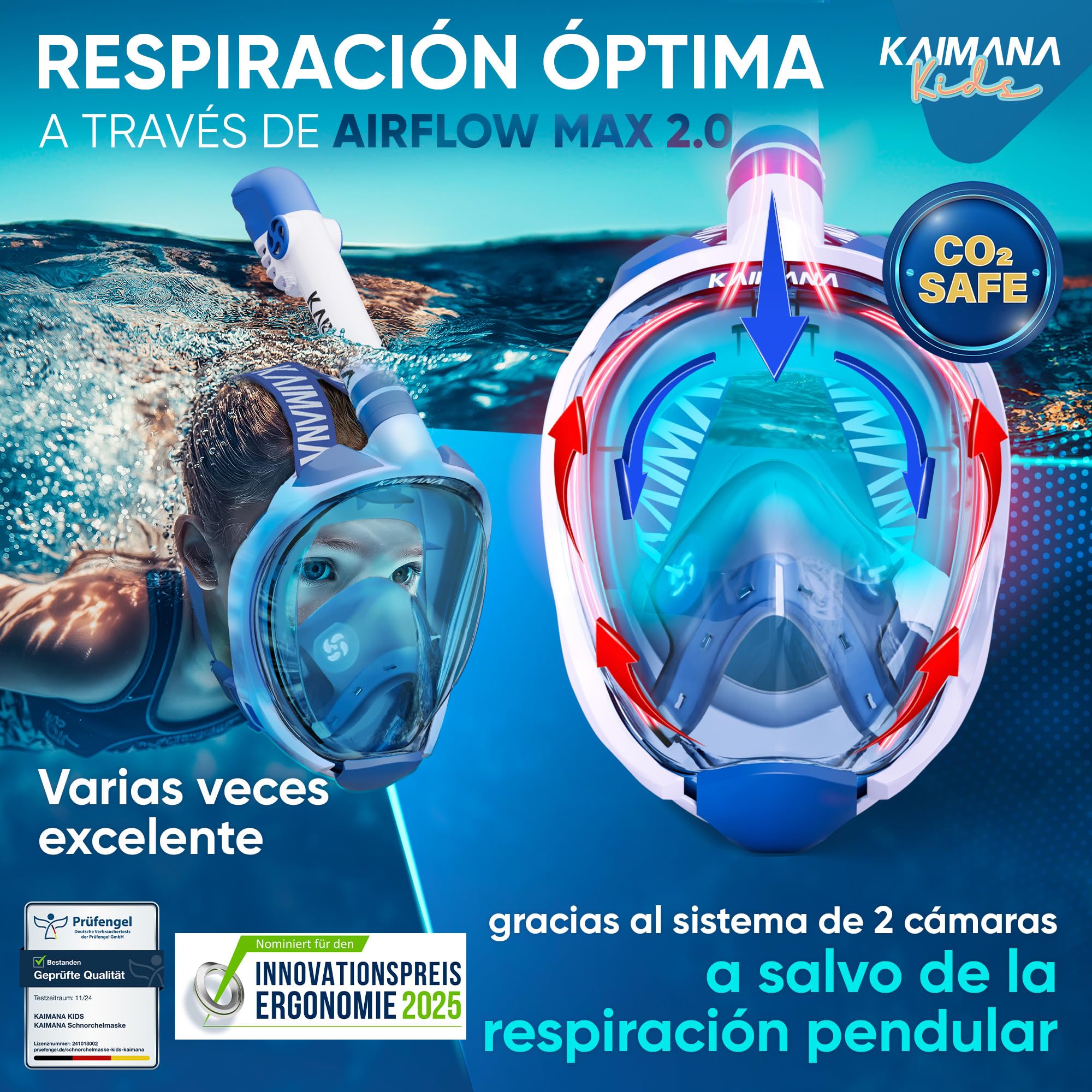 KAIMANA® Máscara Snorkel Niño Integral – Máscara Buceo Niño Full Face 4-10 Años con Sistema CO₂-Safe, Anti-Vaho y Anti-Filtraciones – Incluye Bolsa de Transporte
