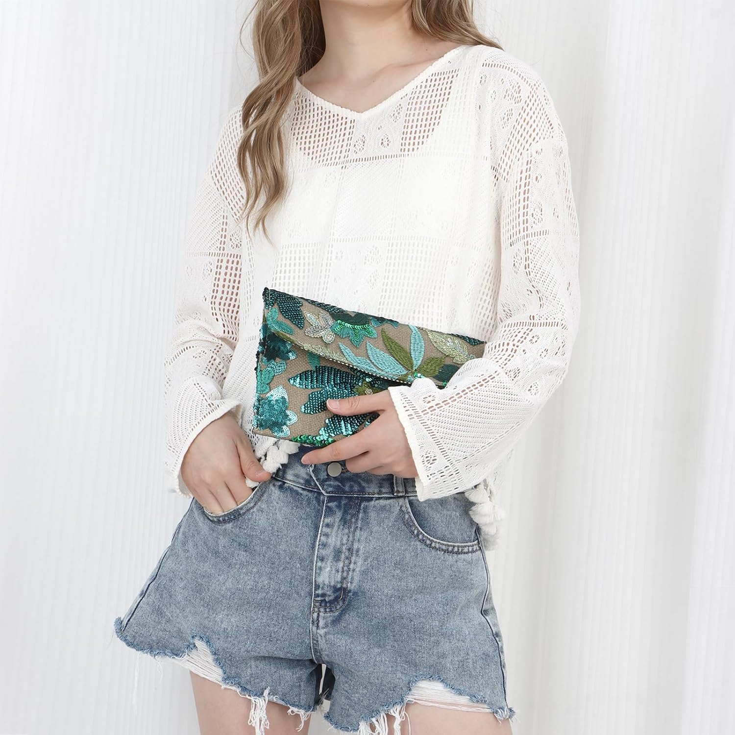 Oweisong Beaded Clutch Purse for Women Blue Floral Evening Handbags | 10.4" Small Compact, Embroidery Sequin, Summer Clutch, Wedding Bridal, Formal Party 2026