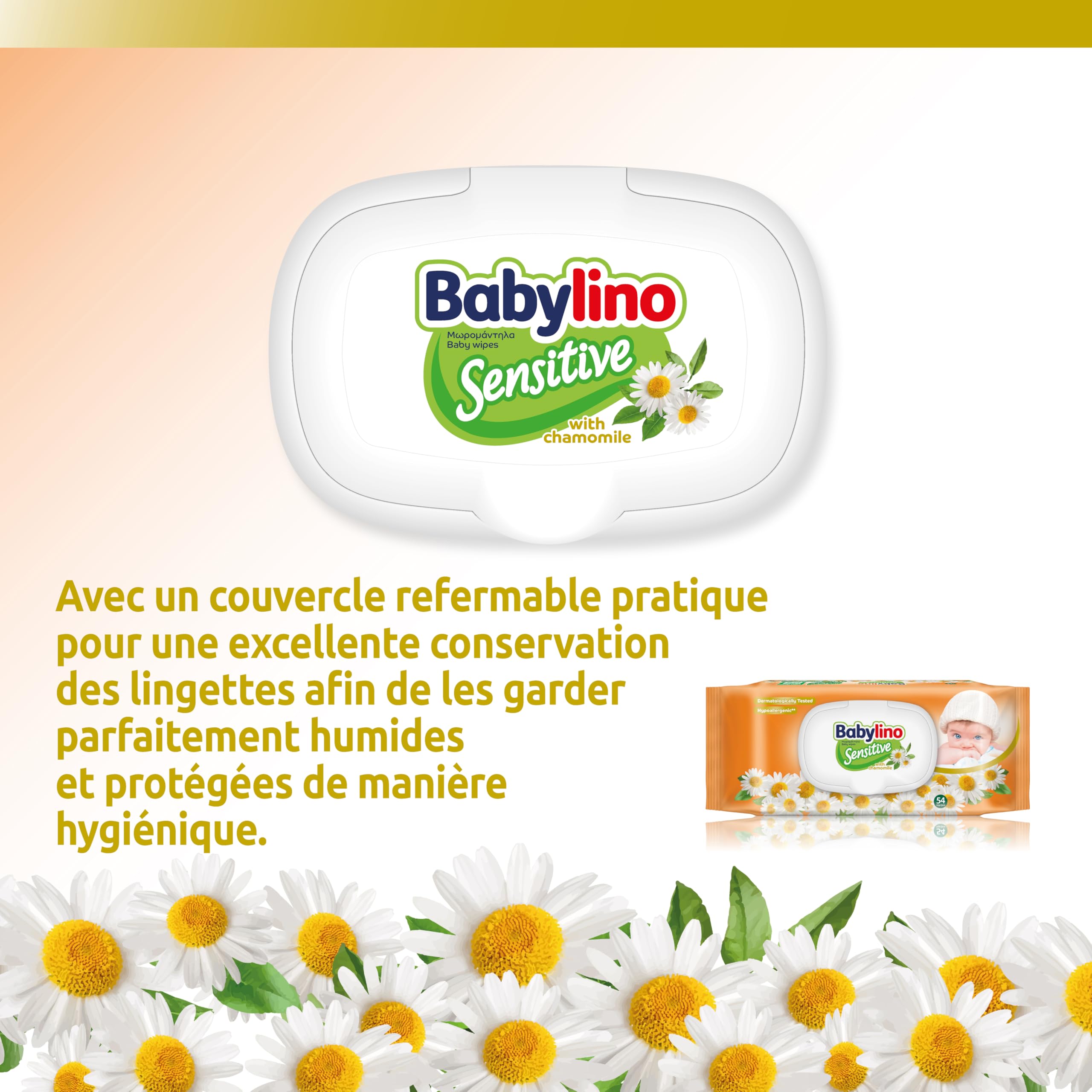 Babylino Sensitive Lingettes au délicat parfum de Camomille, Formule 98% Naturelle qui restaure le pH naturel de la peau, 3 paquets avec capot refermable, 162 lingettes