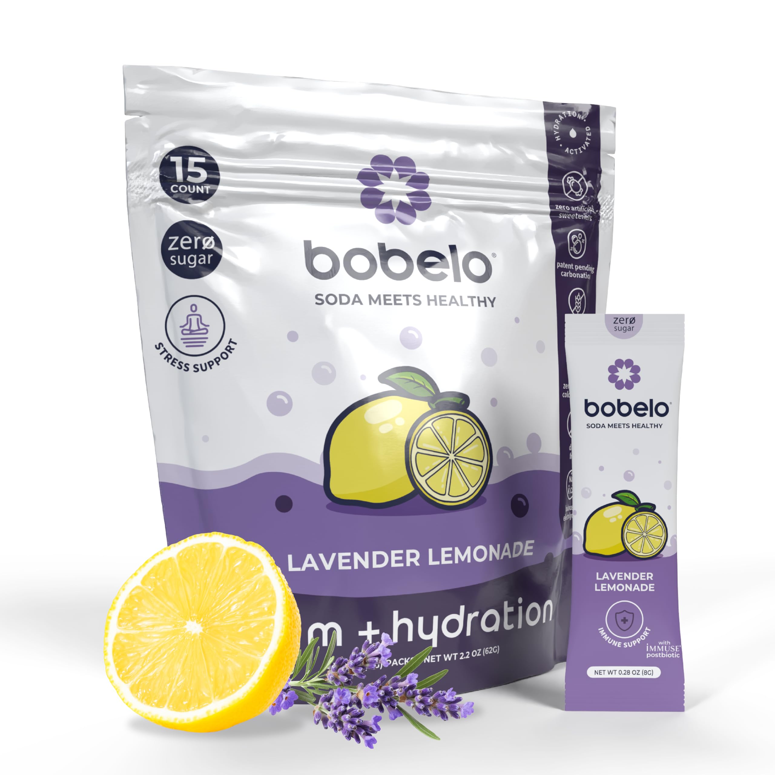 Bobelo Self Carbonating Hydration Drink | Lavender Lemonade 15 Count | Low Calorie, Electrolytes Powder Packets Drink Mix | Sparkling Water & Soda