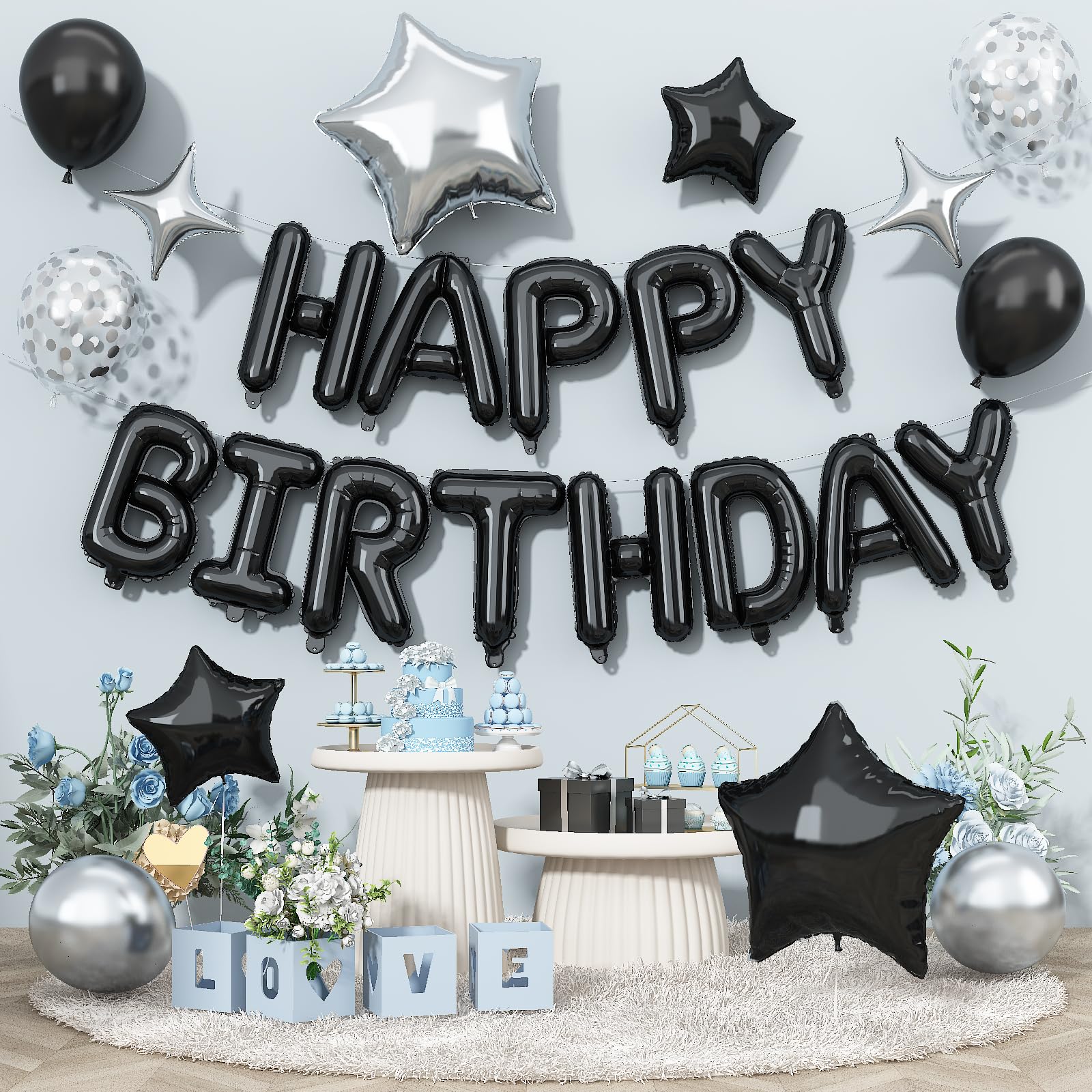Happy Birthday Balloon Banner Black Silver, 16 Inch Mylar Foil Letter Balloons, Reusable Birthday Decorations with Black and Silver Balloons,