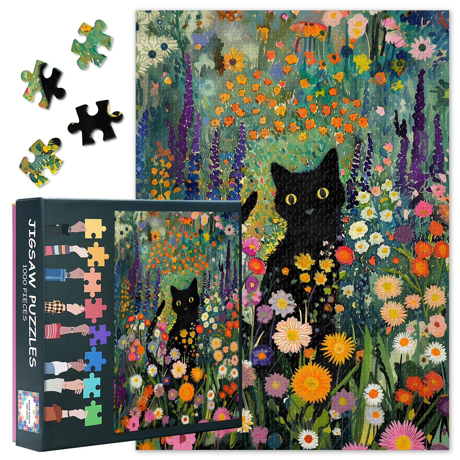 1000 Piece Jigsaw Puzzles for Adults, Black Cat & Flowers Theme Challenging Puzzle