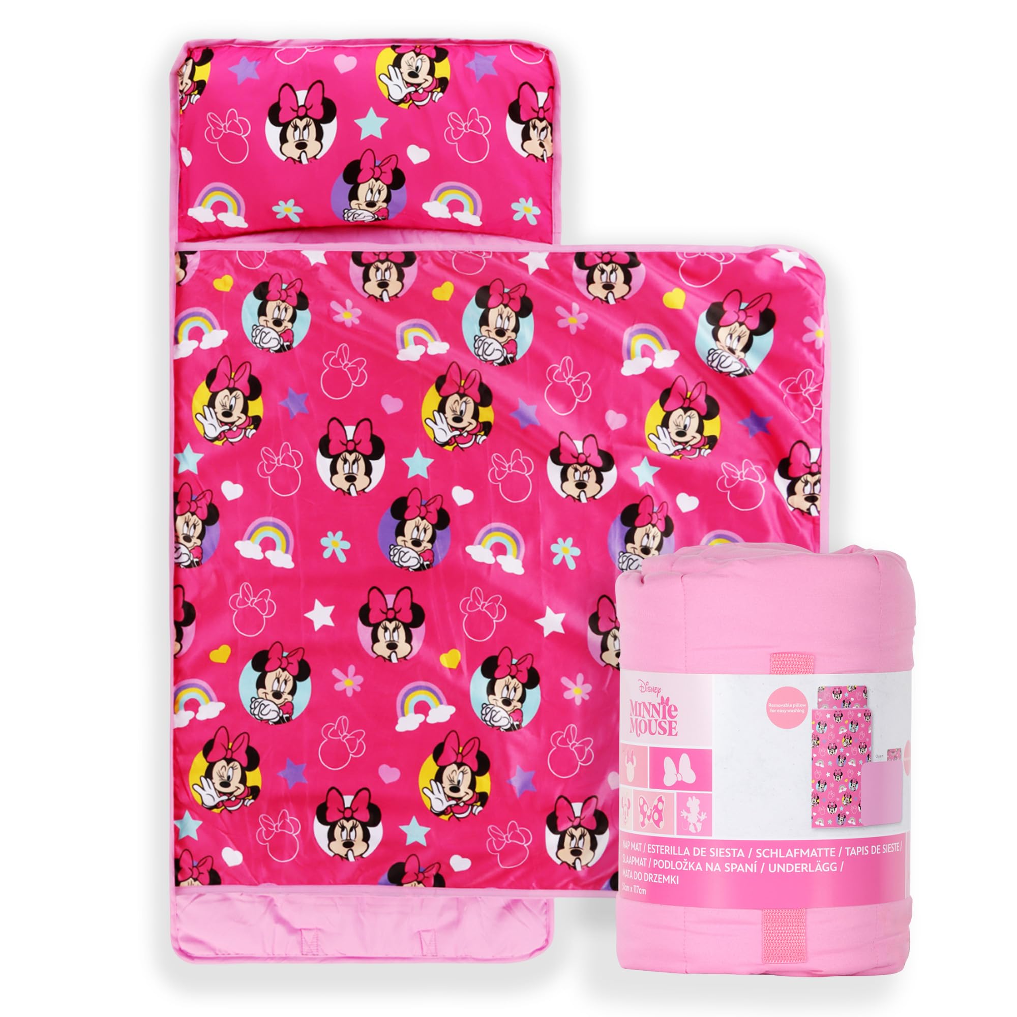 Jay Franco Kids Nap Mat with Embedded Pillow & Blanket – Soft 46"x20" Microfiber Sleeping Bag with Name Tag & Handle for School, Travel, Sleepover, Pink - Minnie Mouse