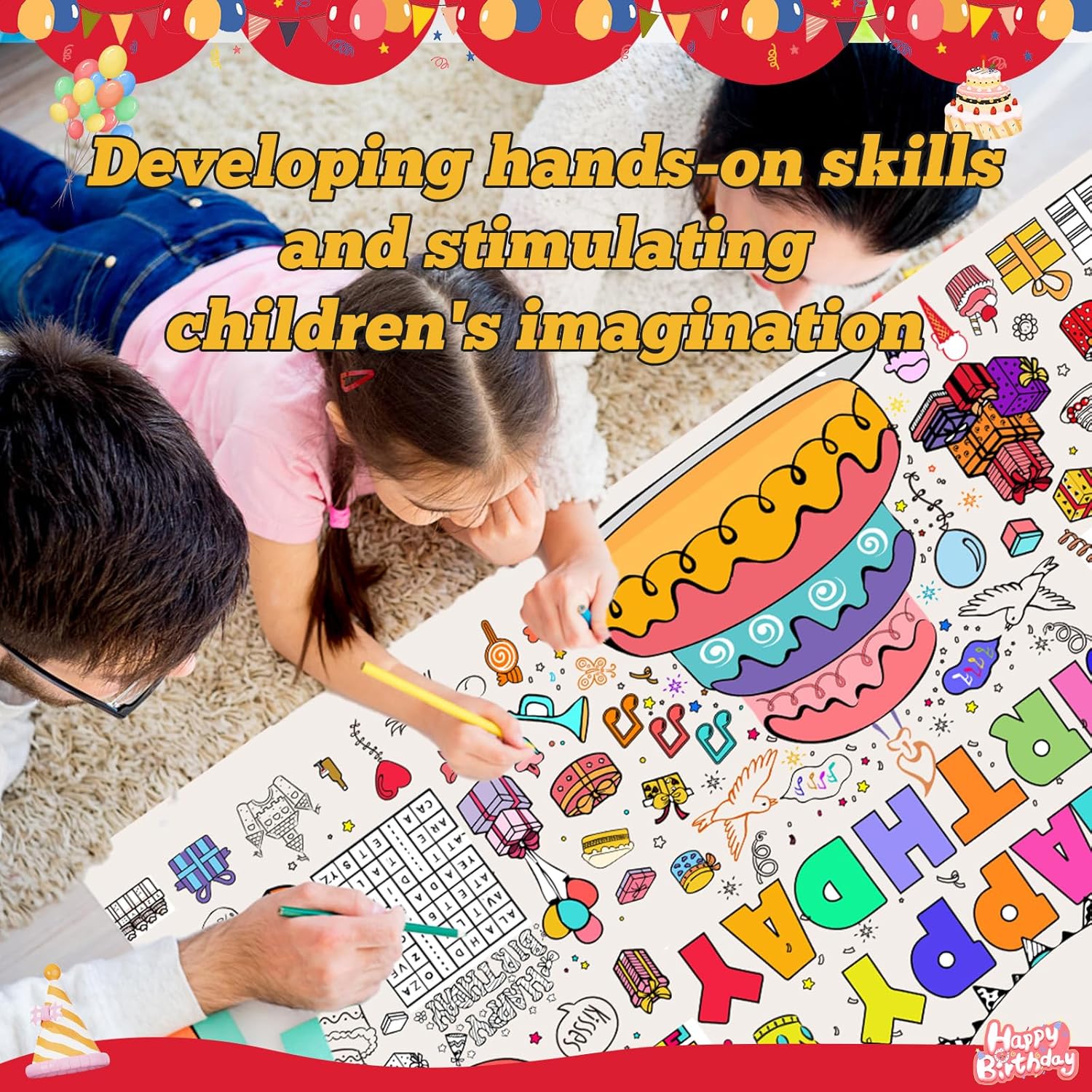 Happy Birthday Coloring Table Cloth For Kids-30 X 72 Inch Giant Coloring Poster/Pages、Large Kids Coloring Sheets Birthday Party Decorations、Jumbo Coloring Poster For School、Birthday Party Supplie