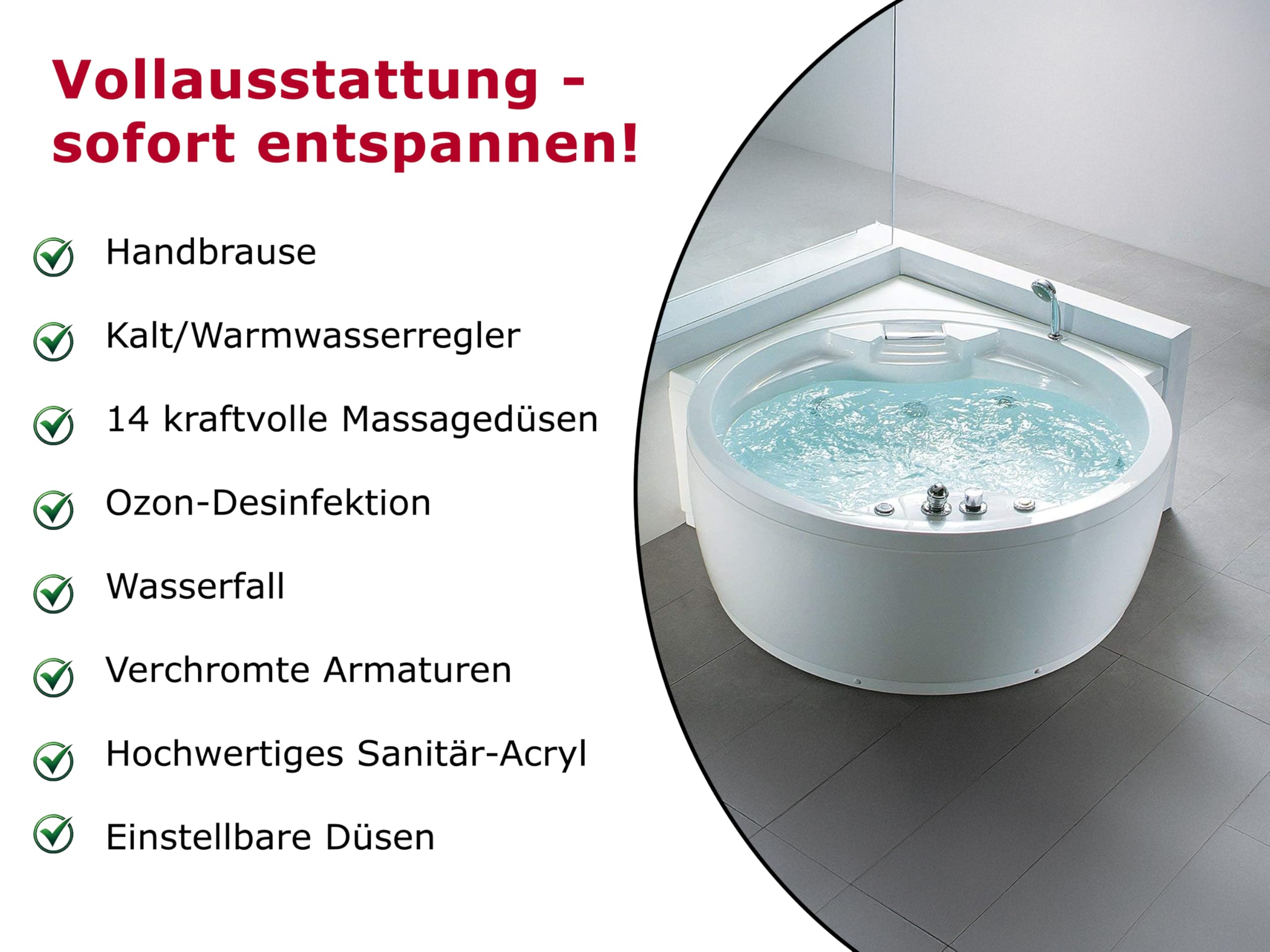Whirlpool Baignoire Florence avec 14 Buses de Massage+Chauffage+Désinfection Ozone + Éclairage/Lumière+Cascade+ Radio Spa
