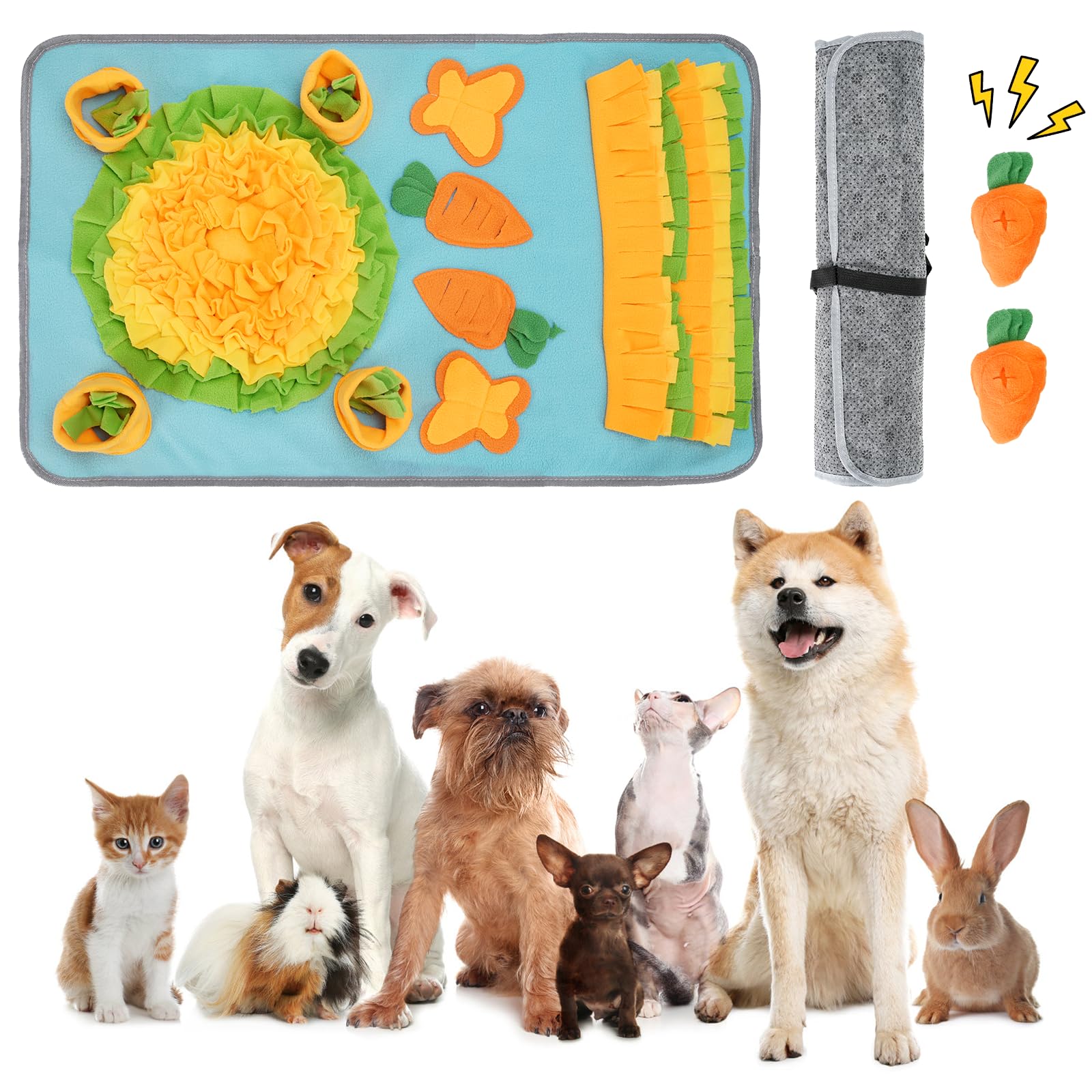 DEWEL Alfombra Olfativa Perros, Snuffle Mat con Zanahorias con Sonido, Juguete Interactivos para Perros, Manta de Actividades Mascota Plegable y Lavable, 78.5x48 cm (Azul Cielo)