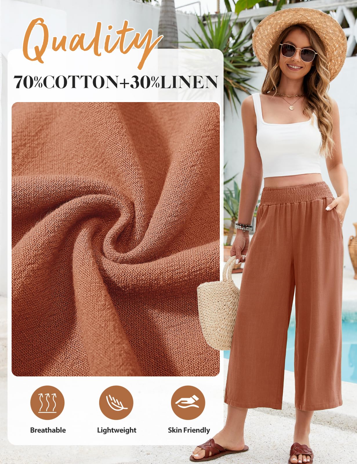 UMIPUBO Pantalon Lin Femme Été Coton Chanvre 3/4 Large Pantalons Fluide Elegant Chic Taille Haute Élastique Pantacourt Léger Respirant Jogging Pants de Plage avec Poches