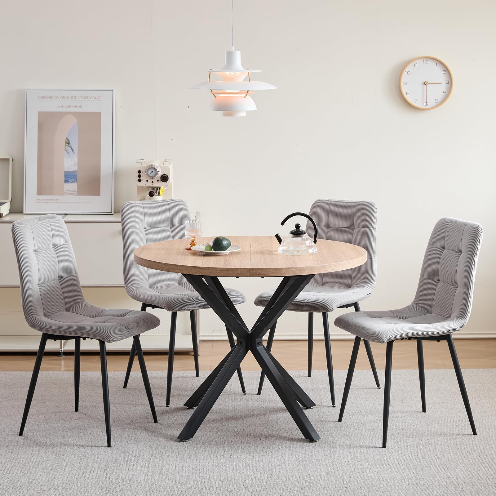 Esstisch- und Stuhlset, 4 Cord mit Hoher Rückenlehne und EIN 100 cm Langer Moderner Runder Esstisch, Geeignet für Küchen, Esszimmer und Wohnzimmer (Hell + Hellgrau)