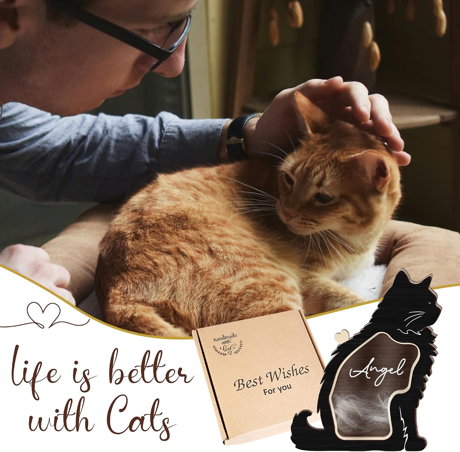 8.4" Cat Hair Keepsake Box, Wooden Pet Urns for Cats, DIY Pet Loss Sympathy Gifts, Unique Gift Cat Long Hair Shape Standable Table Decor, Idea Gift for Pet Lover Storing Fur Teeth Ashes PSD16-LHM