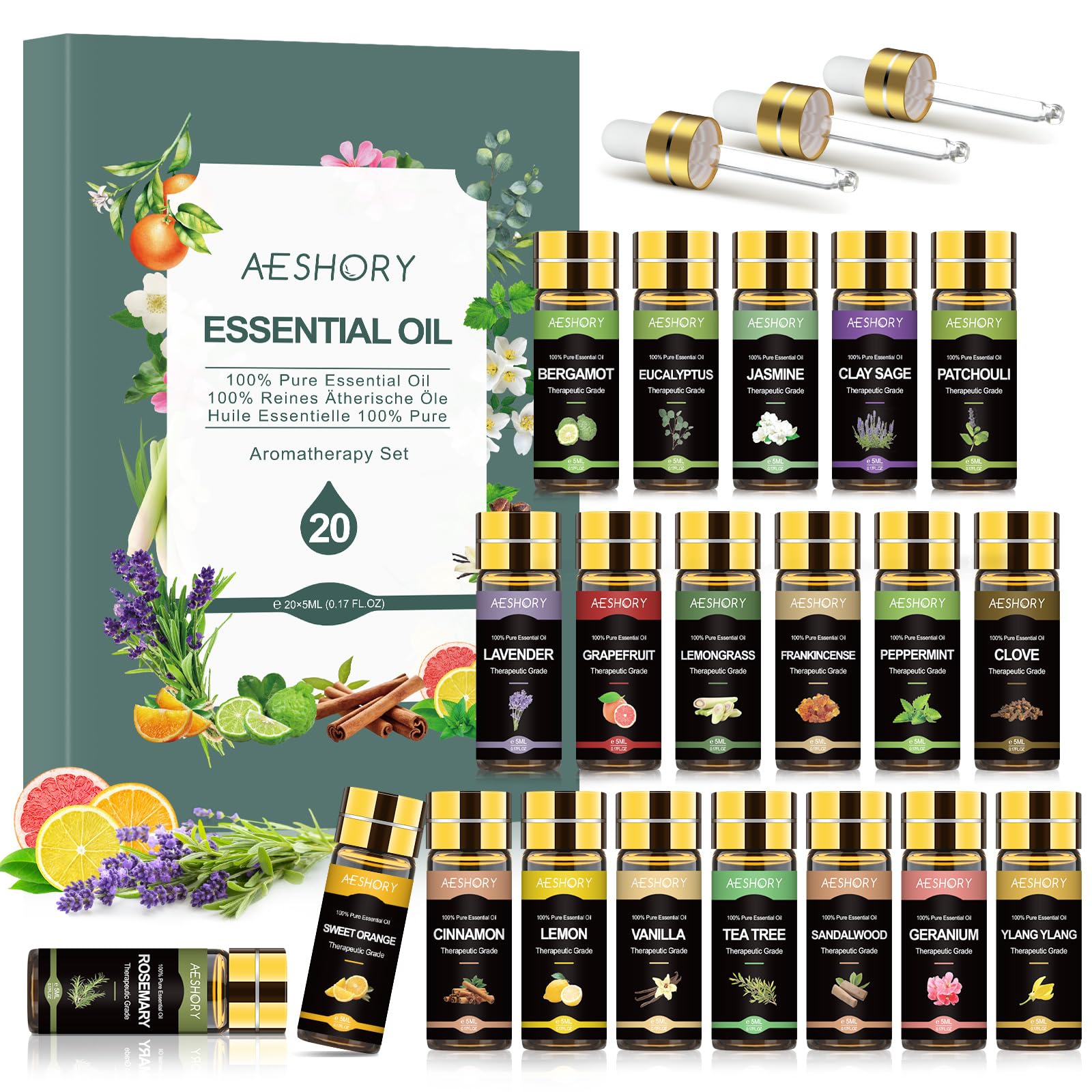 AESHORY Aceites Esenciales para Humidificador 20 x 5ML, 100% Natural Aromaterapia Aceite Aromático para Difusor, Masaje - Lavanda, Árbol de Té, Pachulí, Limón, Eucalipto, Sándalo, Incienso, Jazmín