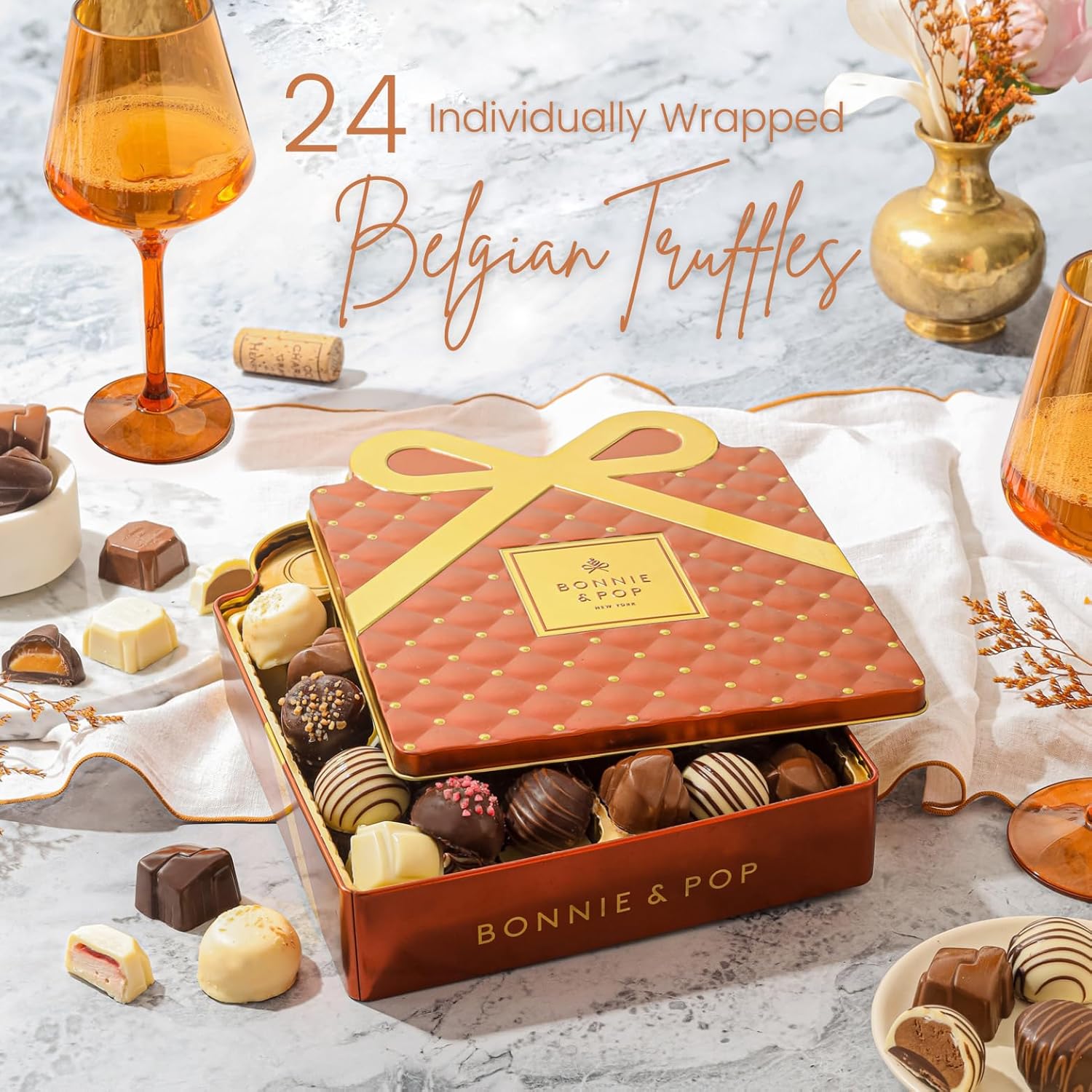 Chocolate Gift Basket, Candy Food Gifts Arrangement Platter, Gourmet Snack Gift Bow Tin Box, Present Idea, Corporate Him & Her, Men, Women, Family- Gourmet Belgian Truffles- Brown- Bonnie & Pop