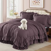 AMBERSPACE Queen Comforter Set Dark Purple, Ruffle Shabby Chic Bedding Set Farmhouse 7 Pieces, All Season Fluffy Bed in a Bag with Sheets, Pillowcases & Shams