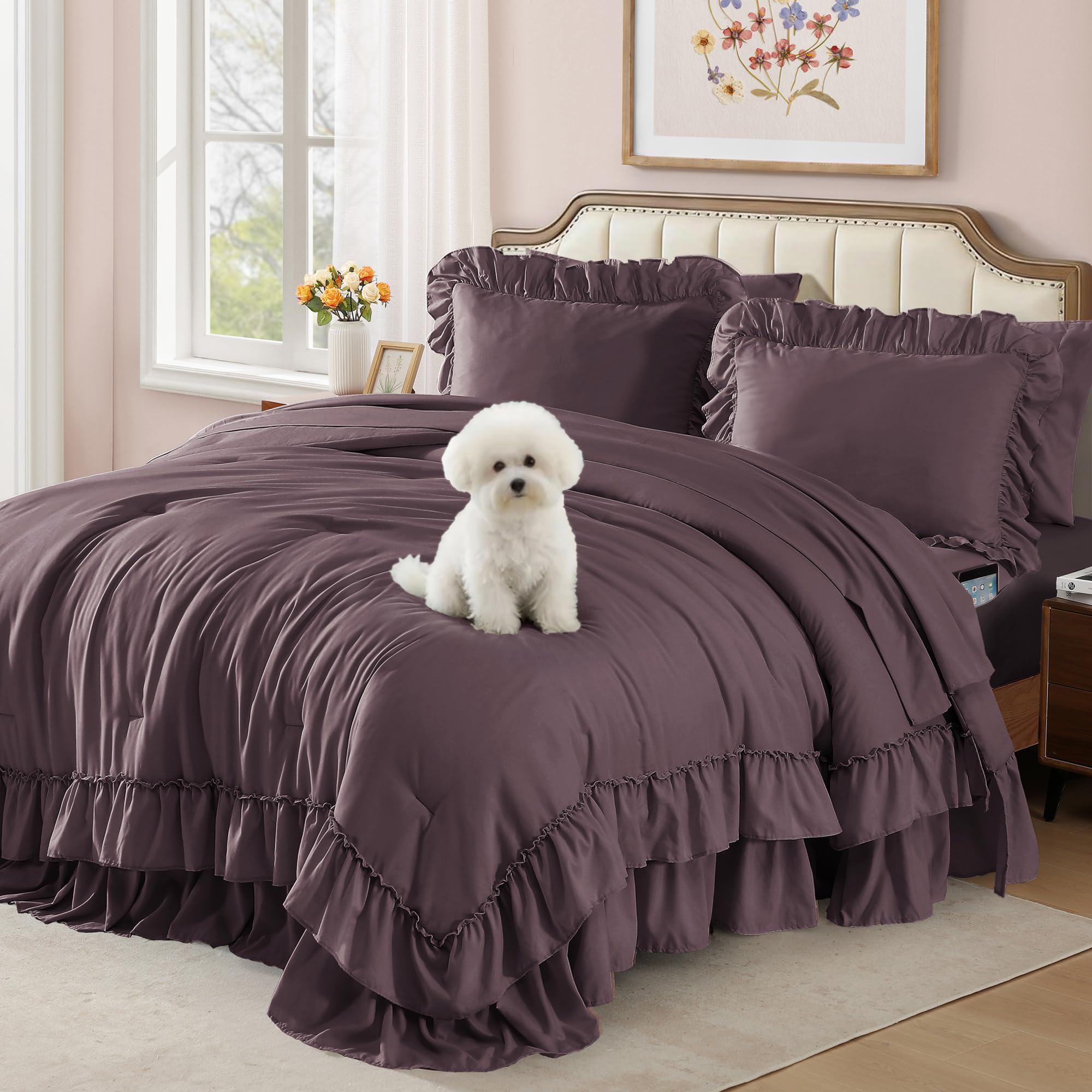 Photo 1 of King Size Comforter Set Dark Purple Ruffle 7 Pieces Farmhouse Bed in a Bag