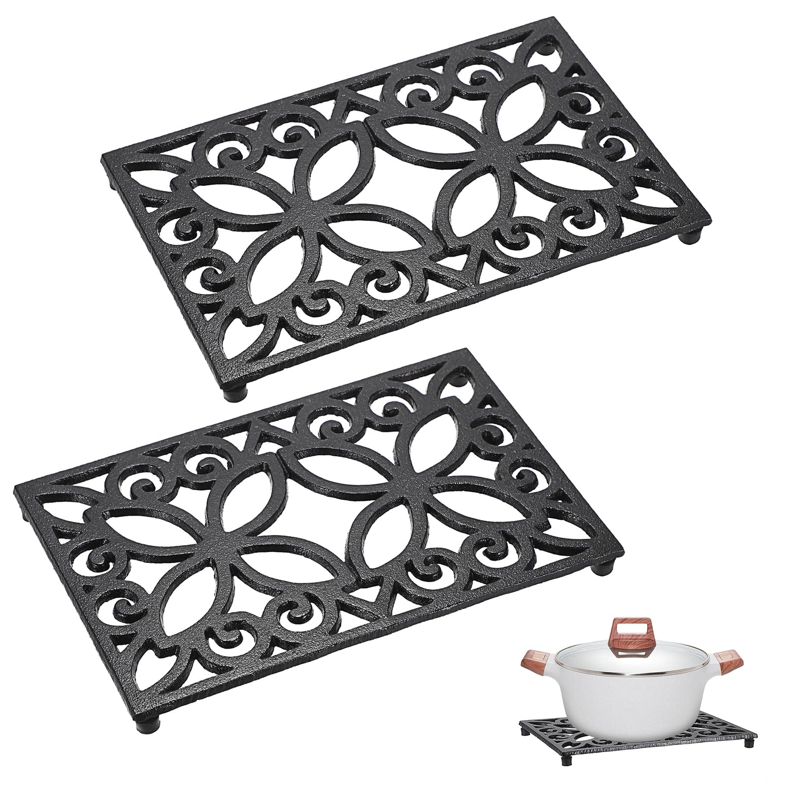 Sumnacon 2 Pack Rectangle Cast Iron Trivets, Rustic Iron Hot Dish Plate Trivet for Kitchen Countertop Dining Table (Black, 9.4 x 6.1 Inch)