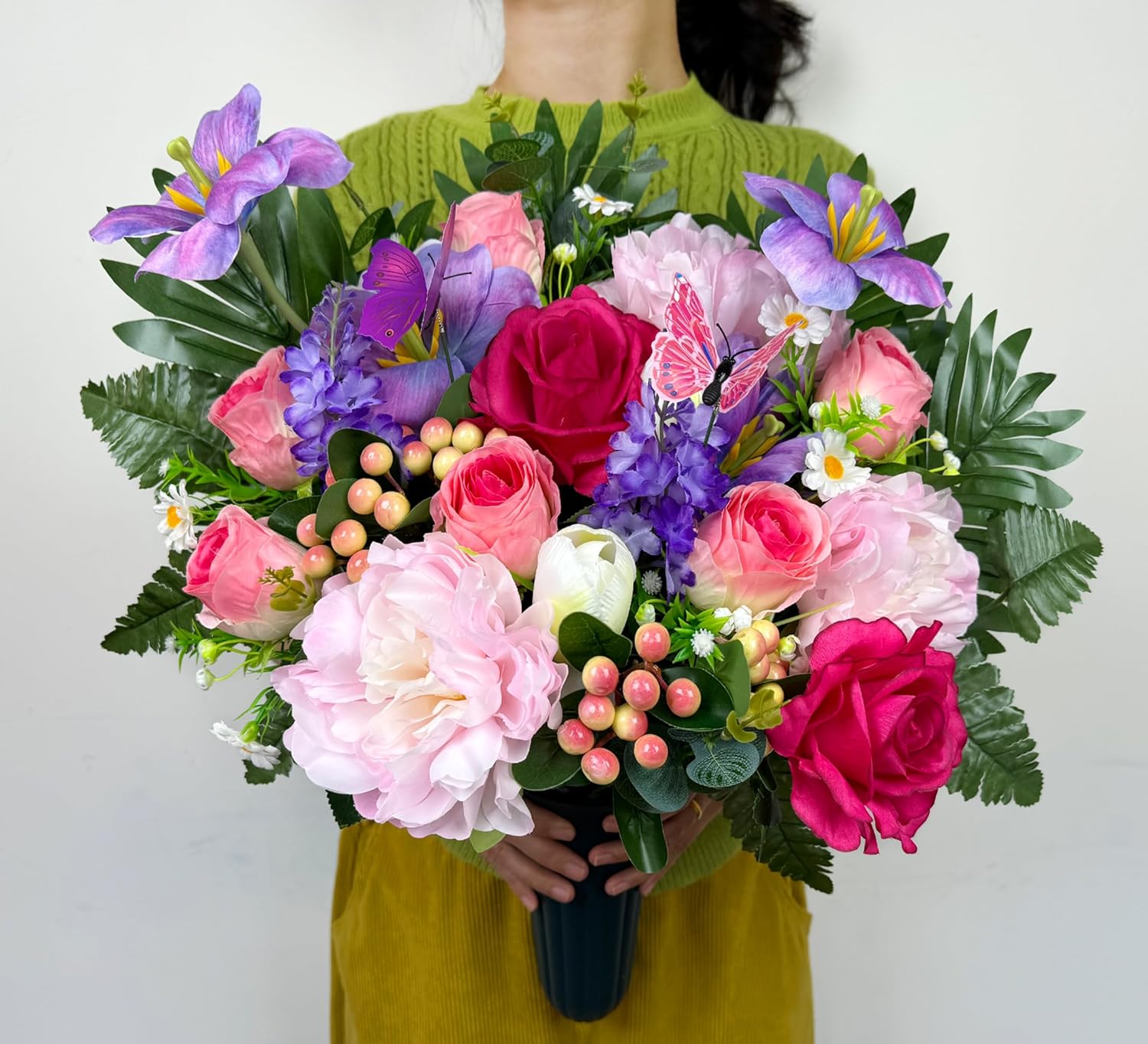 Artificial Cemetery Flower for Grave, Silk Grave Flower for Headstone Tombstone Decoration - Rose Hibiscus Tulip,Easy Fit and Colorfast