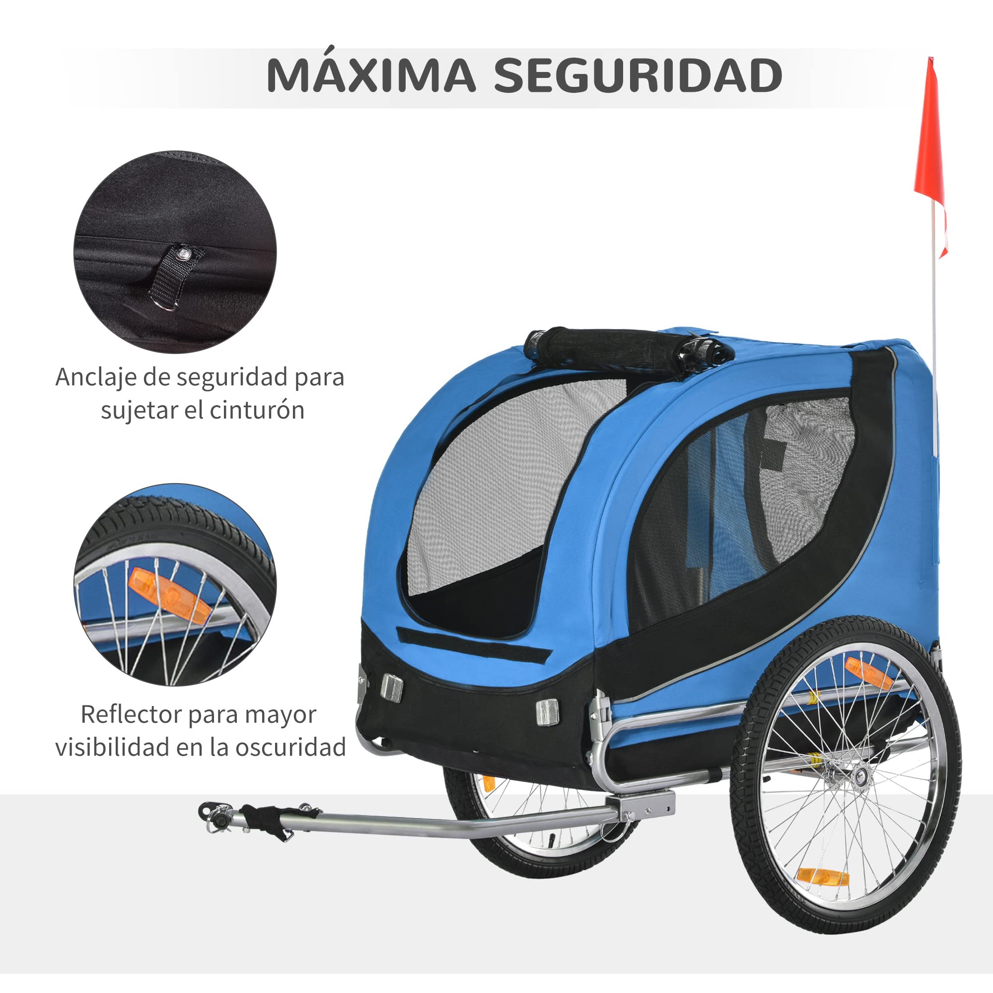 PawHut Remolque Bicicleta Perros Mascota 1 Bandera 8 Reflectores Remolque Bici 130x73x90 cm Azul Negro
