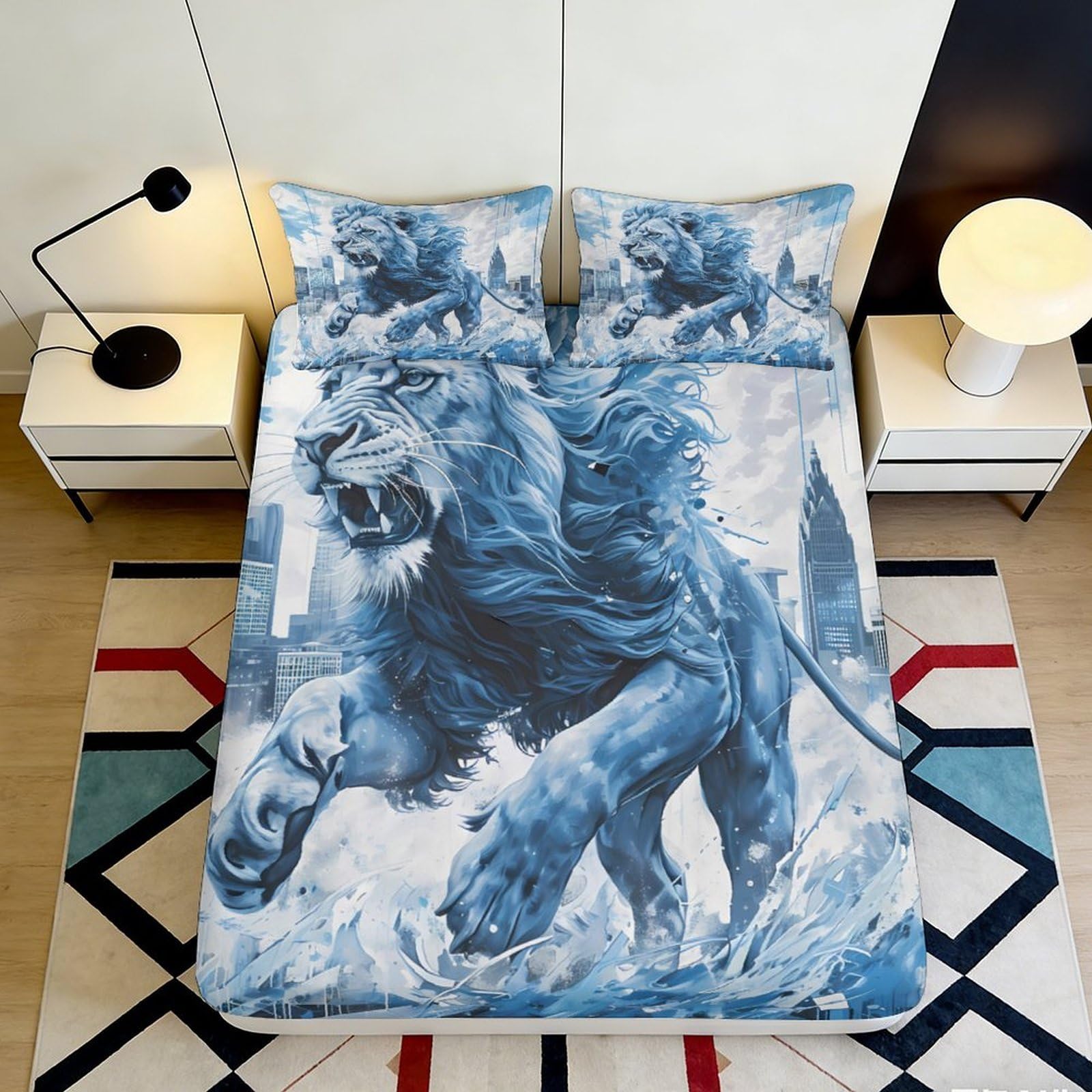 3D Printed lion motif Fitted Sheet, Microfiber soft touch, wrinkle resistant, guest room bedding, stylish home decor accent, easy care, dustproof 90x200x25cm