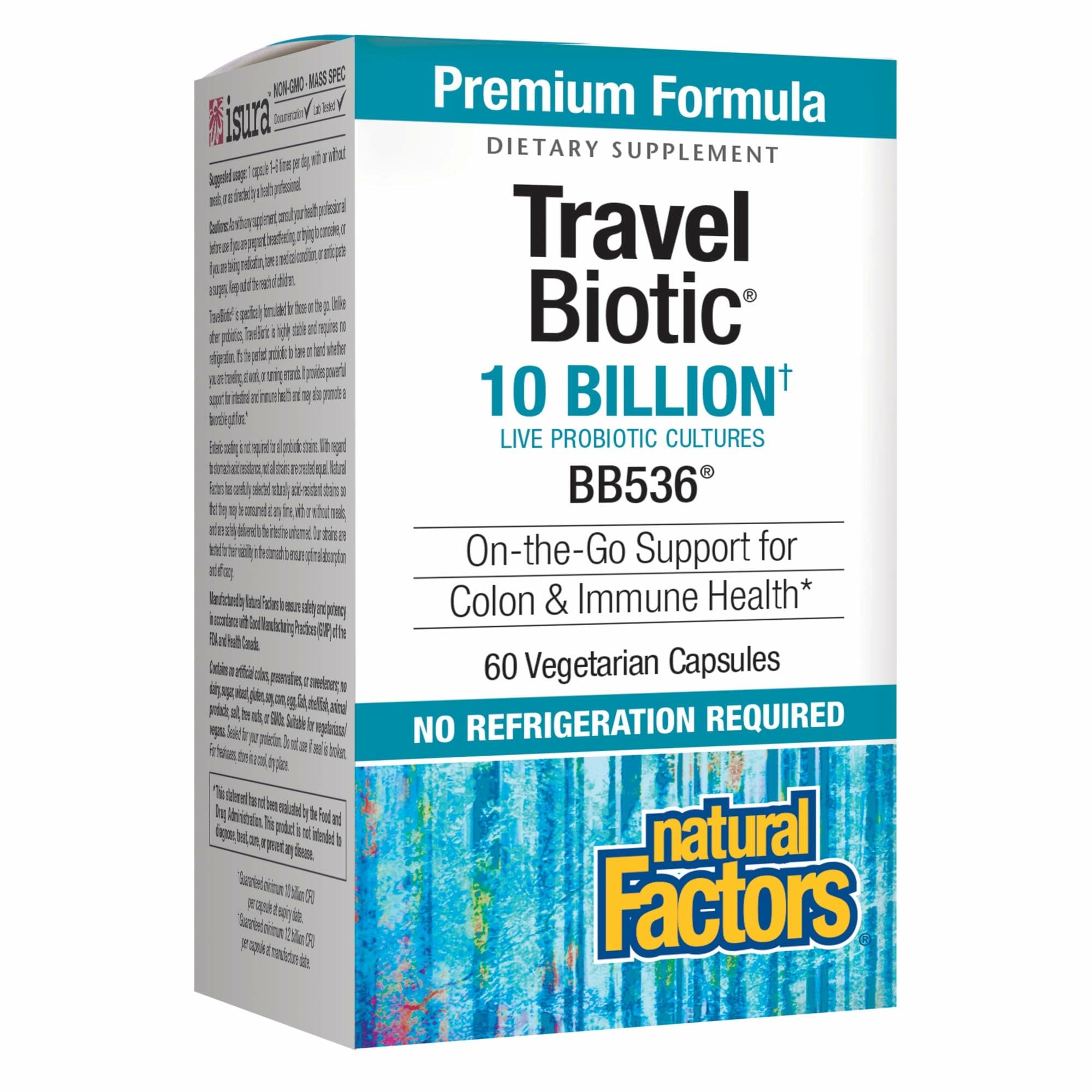 Natural Factors Travel Biotic Bb536 10 Billion Live Probiotic Cultures 60 Vegetarian Capsules
