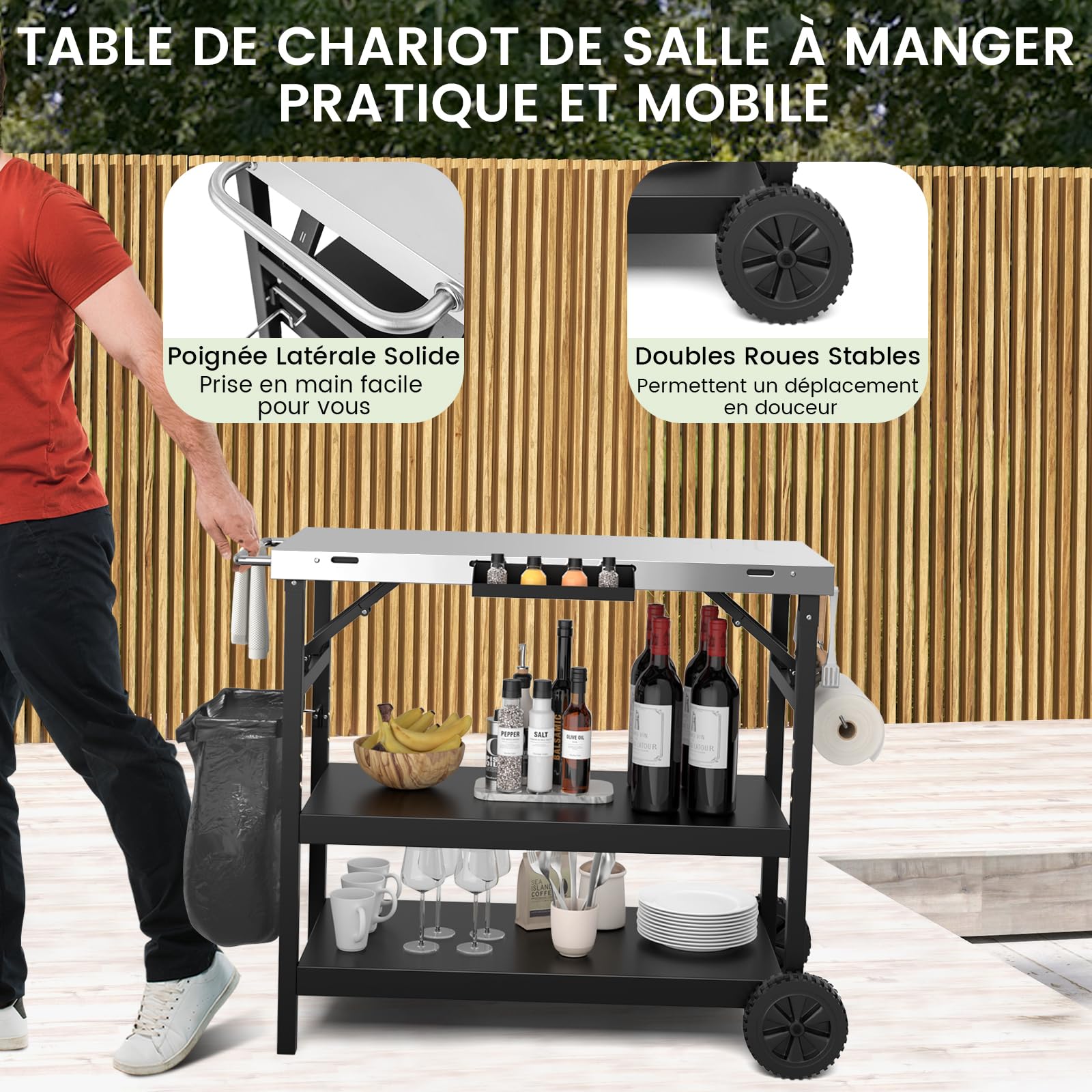 GYMAX Chariot Barbecue Pliable 3 Niveaux, Desserte Jardin Mobile avec 2 Roues, Robuste en 201 Acier Inoxydable, avec Tablette à Épices, Porte-Poubelle, Porte-Mouchoirs,106x52x84cm