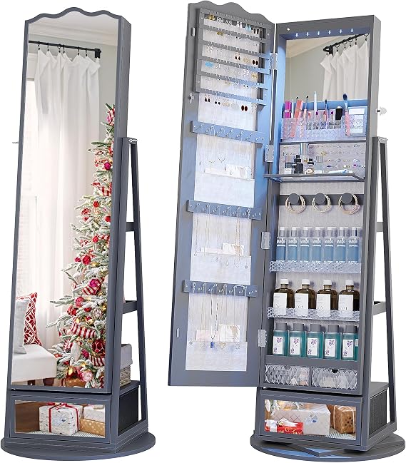 Lvifur 360 Rotating LED Jewelry Armoire w/Full Length Mirror, Large Capacity Jewelry Organizer Armoire w/Lights, Lockable Floor Standing Mirror Cabinet with Storage Shelves for Bedroom, Cloakroom