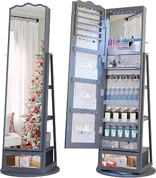 Lvifur 360 Rotating LED Jewelry Armoire w/Full Length Mirror, Large Capacity Jewelry Organizer Armoire w/Lights, Lockable Floor Standing Mirror Cabinet with Storage Shelves for Bedroom, Cloakroom