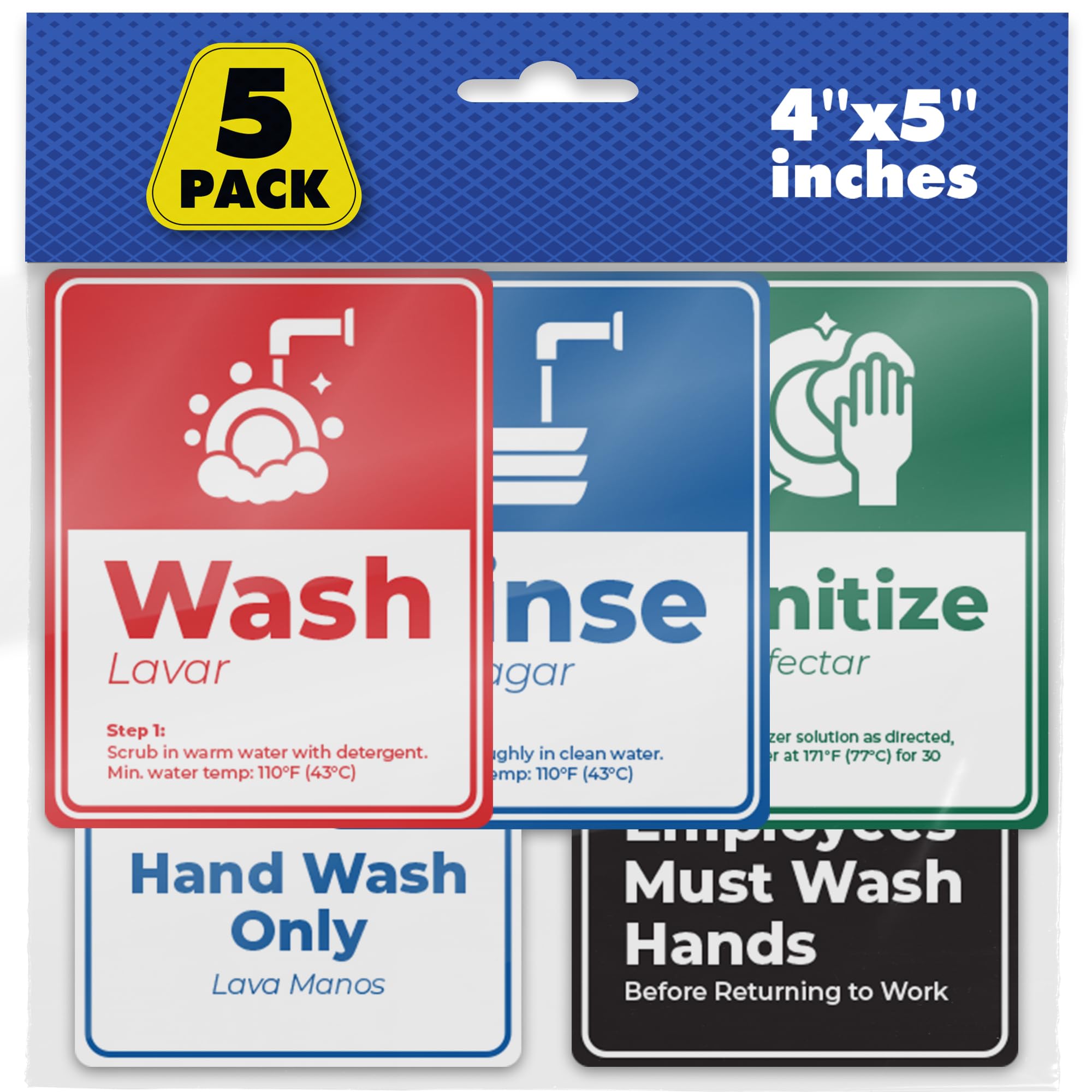 5 Pack Wash Rinse Sanitize Sink Labels - 4"x5", Waterproof Sticker Signs, 3 Compartment Sink Labels - Restaurant Supplies, Food Truck, Dishwashing Wash Station