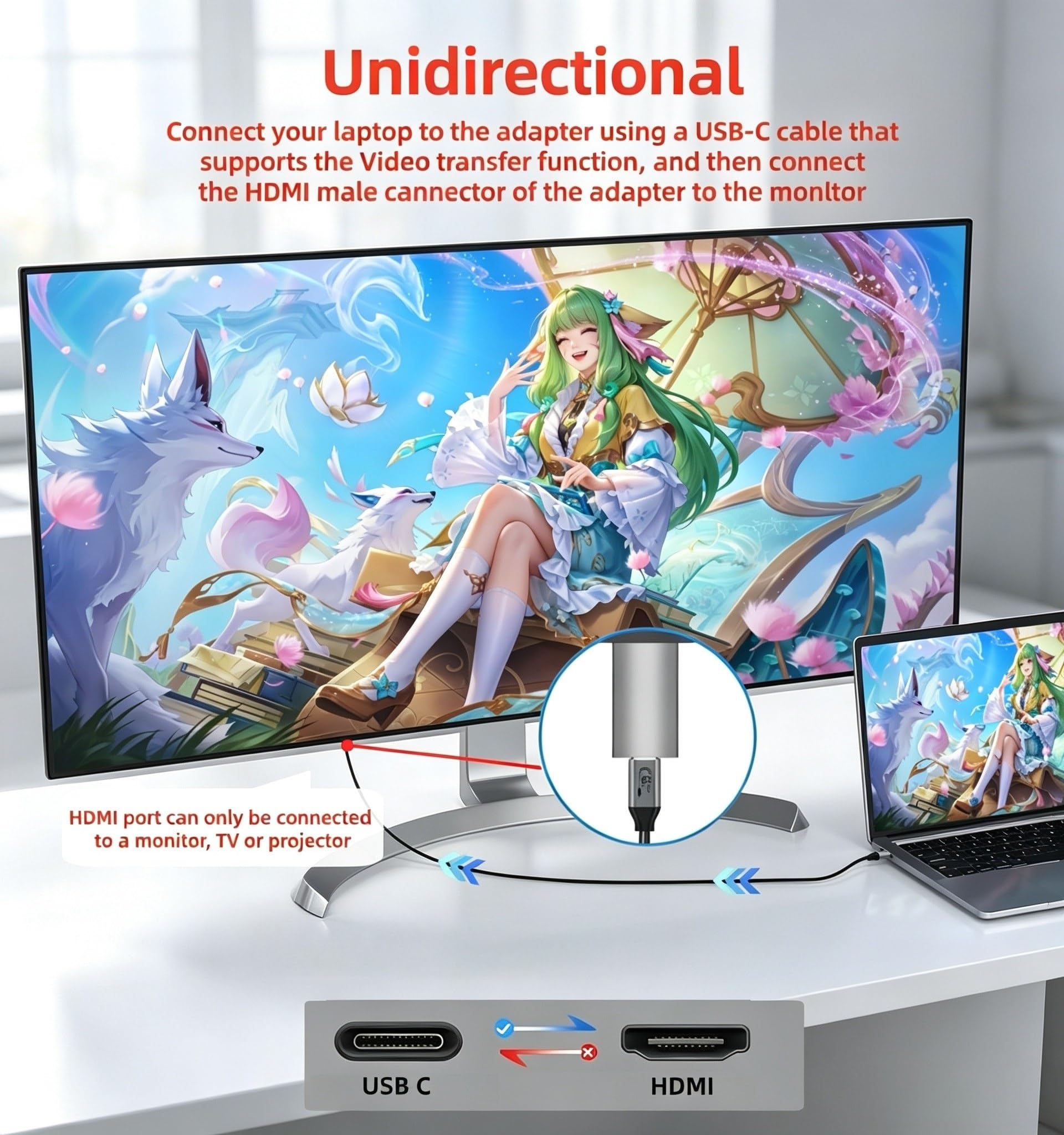 Lot de 2 adaptateurs USB C femelle vers HDMI mâle avec câble vidéo USB, 4K @ 60 Hz, source USB de type C unidirectionnel vers HDMI 2.0, convertisseur Thunderbolt 3/4 vers HDMI pour i-/Phone 17 MacBok