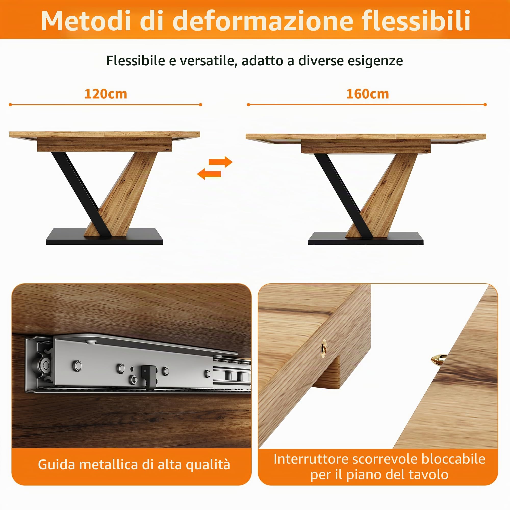 Tavolo da pranzo allungabile 120(160) x 75 x 75,5 cm, tavolo, tavolo da cucina, tavolo allungabile, allungabile fino a 160 cm, adatto per cucina e soggiorno, piano del tavolo con venature del legno