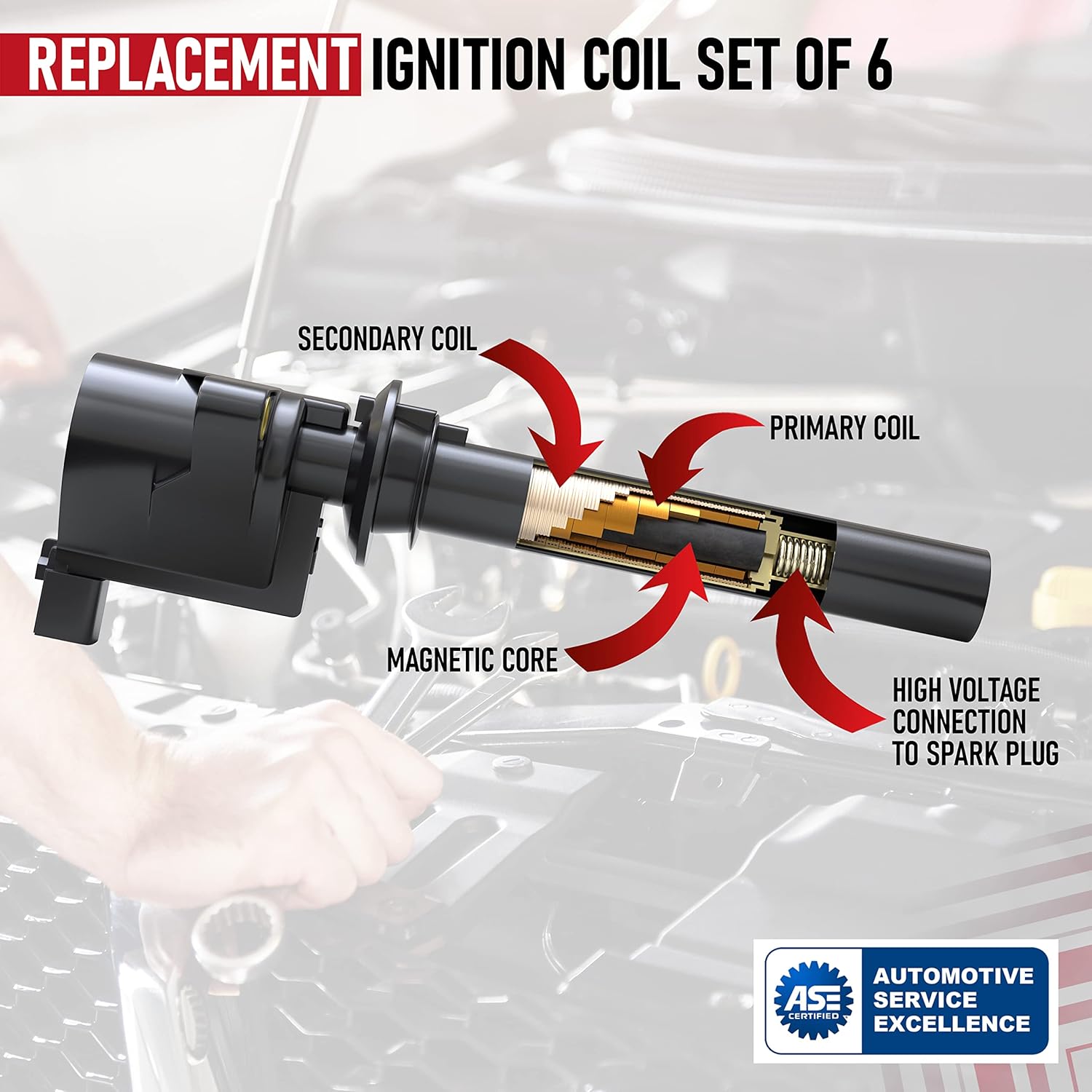 Ignition Coil Pack Set of 6 - Compatible with Ford, Mazda, Mercury 3.0L V6 Models - Replaces 18LZ-12029-AB, 18LZ-12029-AA, 2M2Z-12029-AC, DG500, DG513 - Fits 01, 02, 2003, 2004, 2005 Escape, Taurus