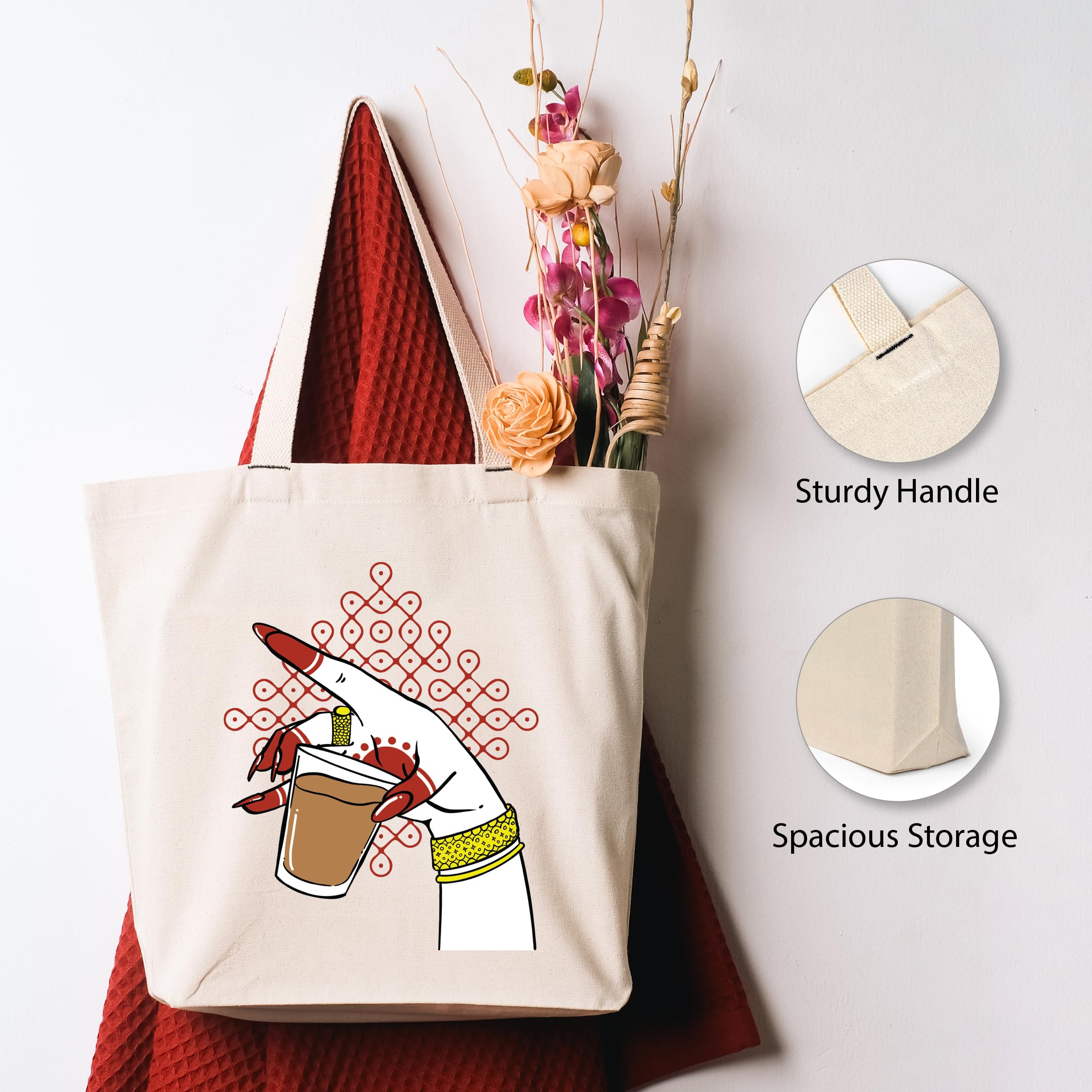 Amazon Brand - Eono, 100% Cotton Cloth Bag, Pack of 1, Reusable Tote Bags, Shopping Bag For Grocery, Vegetable Bag For Shopping, Aesthetic Carry Bag, Aesthetic Bags For College, Folding Bag -Kolam Tea 2