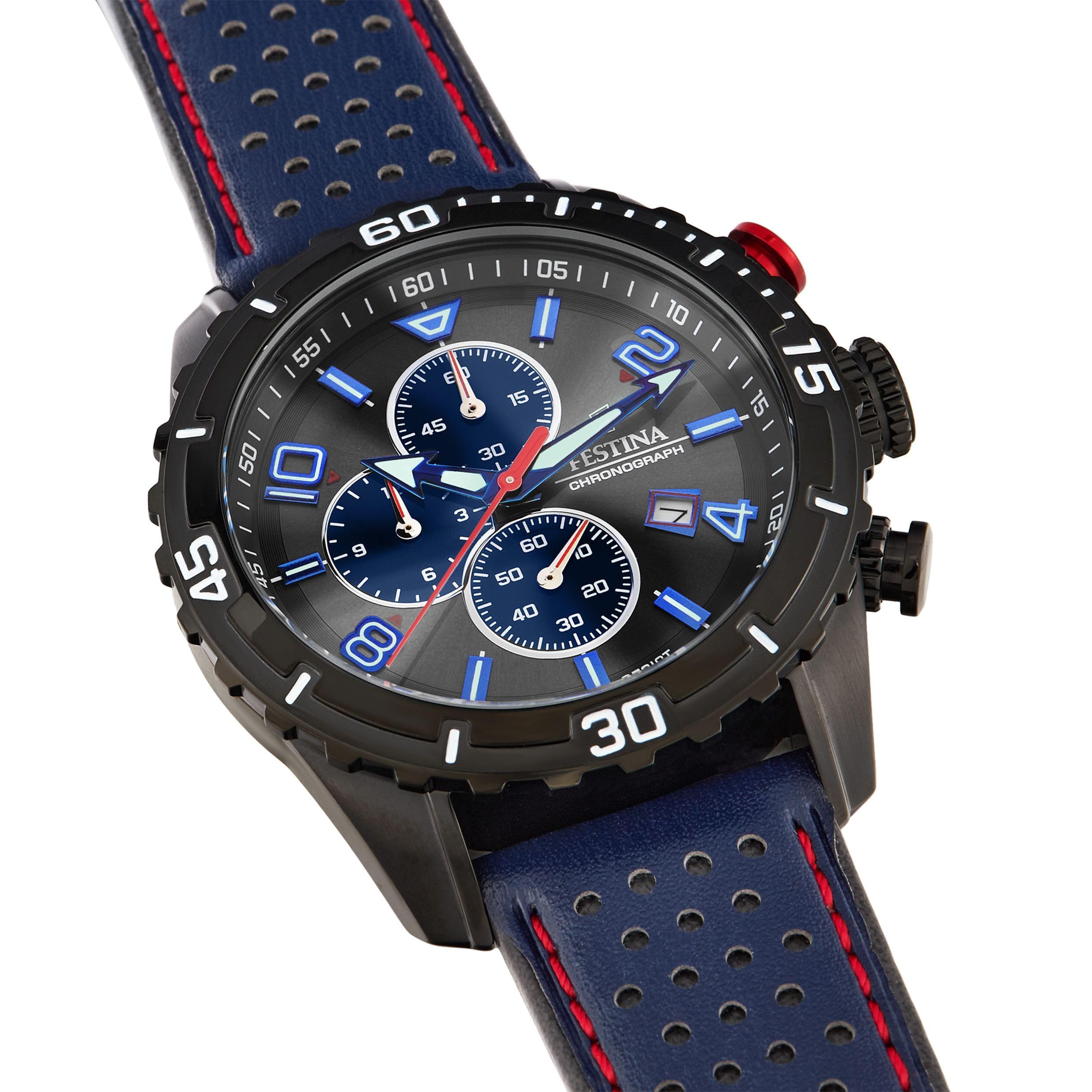 Festina Montre Homme Analogique avec Bracelet en Cuir - Mouvement Quartz - Chronographe - Calendrier - Verre Minéral Haute Résistance - Étanche 10 ATM - Élégante F20519 Chrono Sport