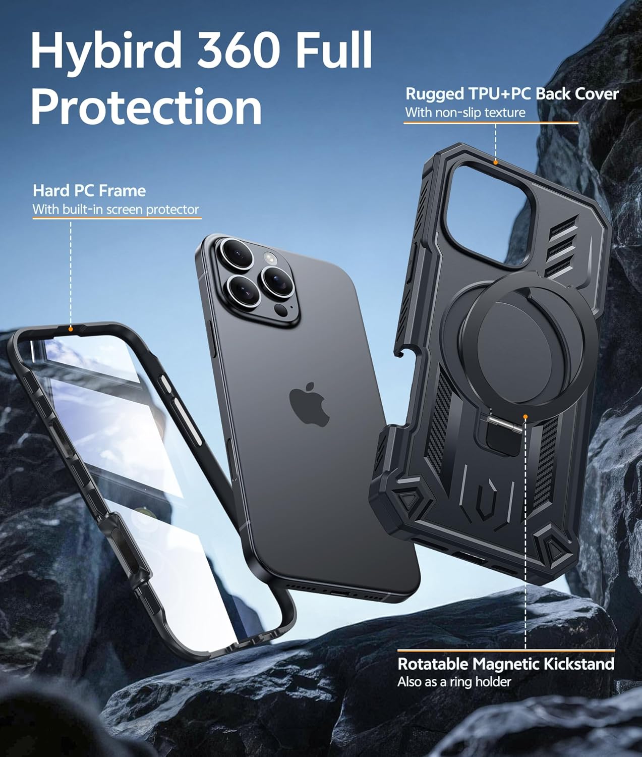 FNTCASE for iPhone 16 Pro-Max Case: Magnetic Phone Cases with [Ring Kickstand] [Built-in Screen Protector] [Heavy Duty Military Grade Protection] Shockproof Full Body Protective Hard Cases Black - Image 3