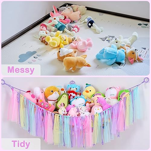 Miniatura 6 de FIOBEE Red de animales de peluche o hamaca con luz LED, hamaca de juguete colgante para animales de peluche, organizador de almacenamiento para