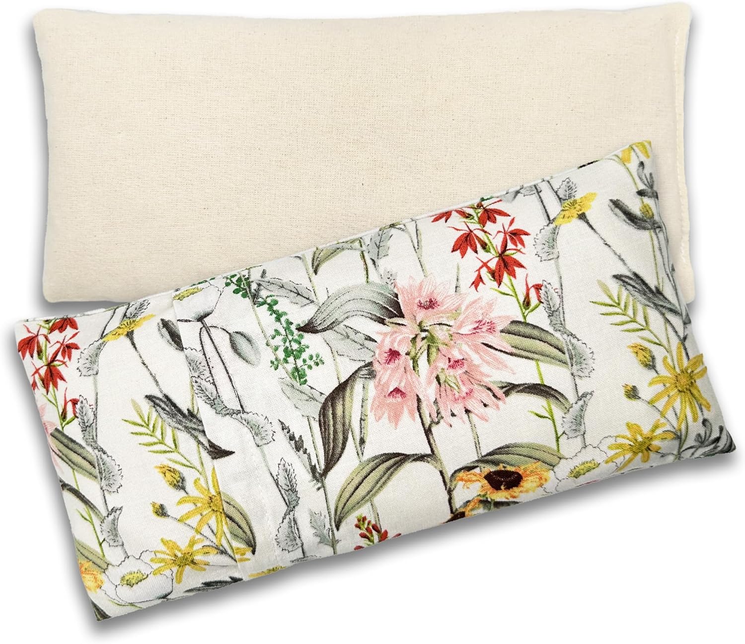 100% USA Handmade, Washable Cotton Eye Pillow 9", Moist Heat Eye Compress, Unscented Hot/Cold Therapy Pack (Stemmed Floral, Rice)