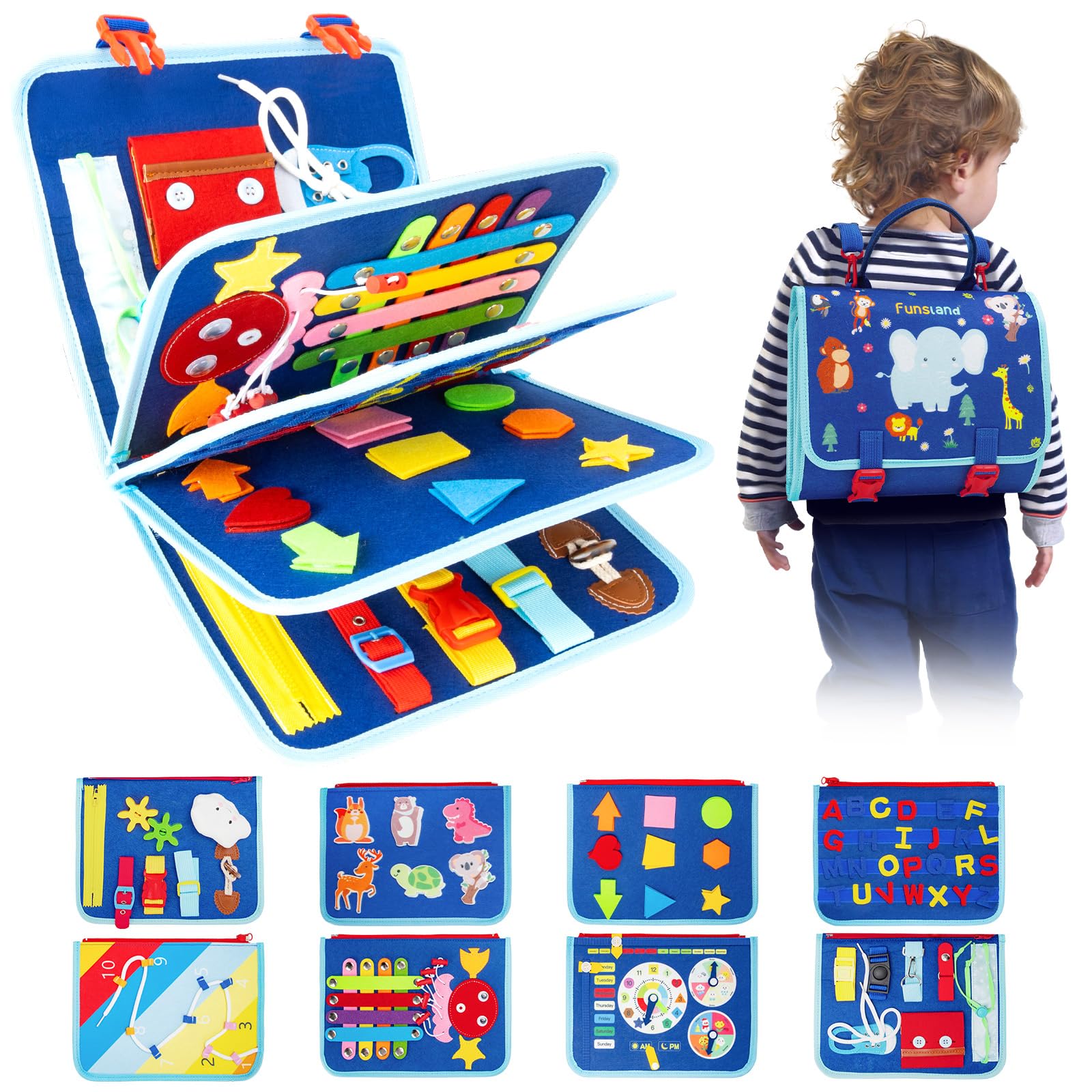 Busy Board Montessori Toys 2 3 4 5 Year Old, Sensory Board Educational Games Kids, Educational Toys for Learning to Dress and Fine Motor Skills, Gift for Kids, Blue