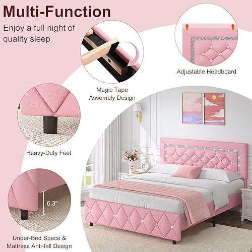 Miniatura 6 de HOMBCK Base de cama tamaño Queen con cabecera de diamante, cama tapizada de piel sintética con plataforma, base de colchón, no requiere somier,