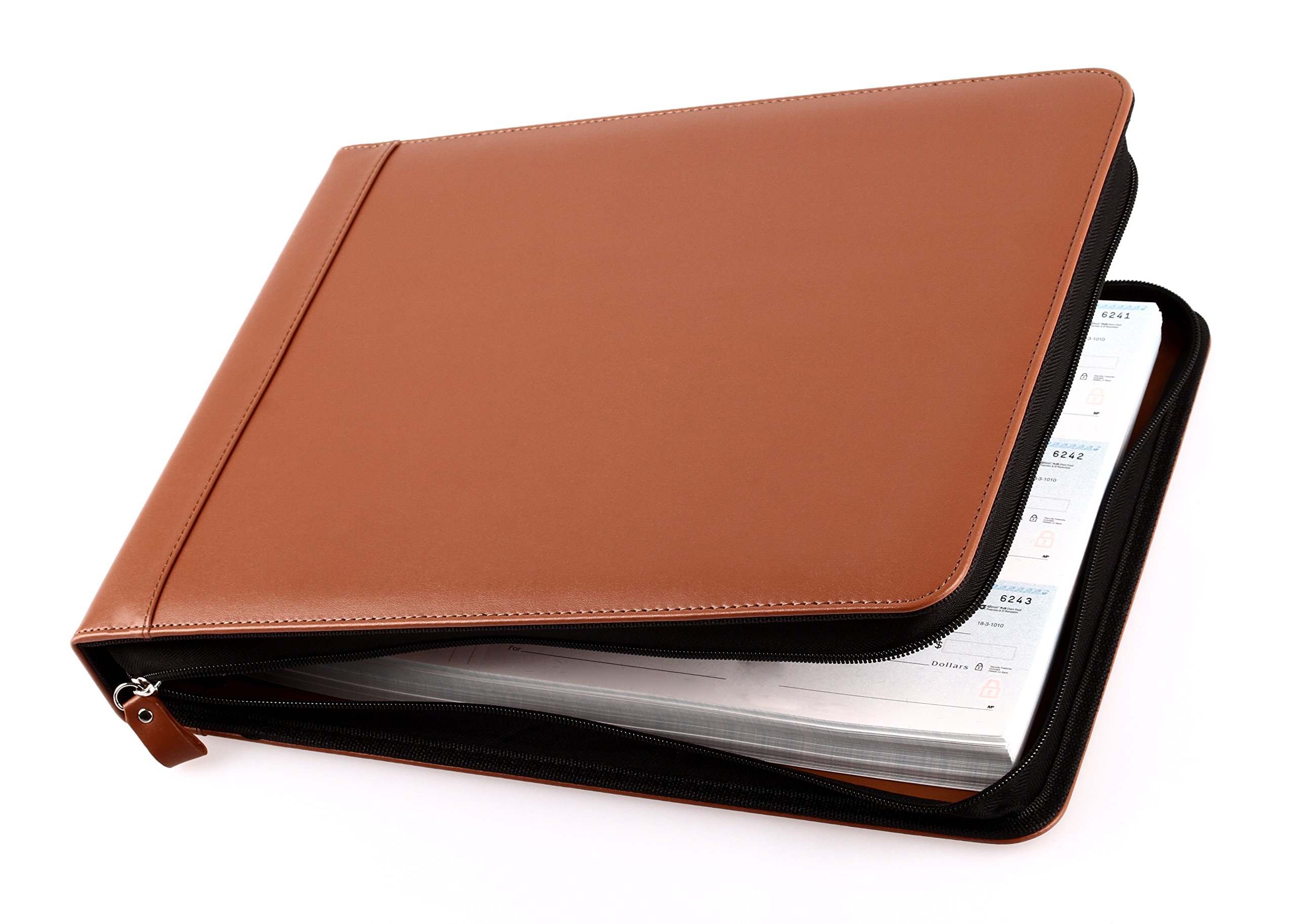 Carpeta de cheques de negocios de 7 anillos para cheques de 3 en adelante, funda de piel sintética con cremallera (marrón claro)