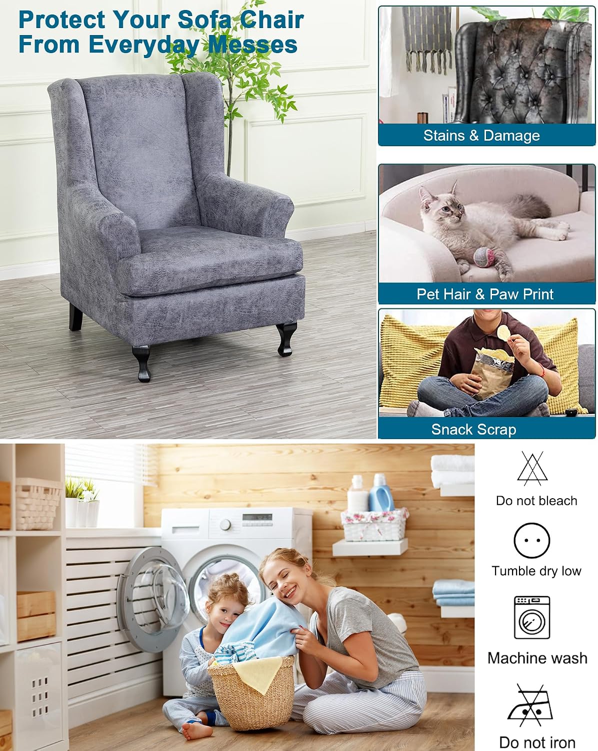 CRFATOP 2 Piece Stretch Wingback Chair Cover Soft Wing Chair Slipcovers Spandex Fabric Wingback Armchair Covers with Elastic Bottom for Living Room Bedroom Wingback Chair,C78