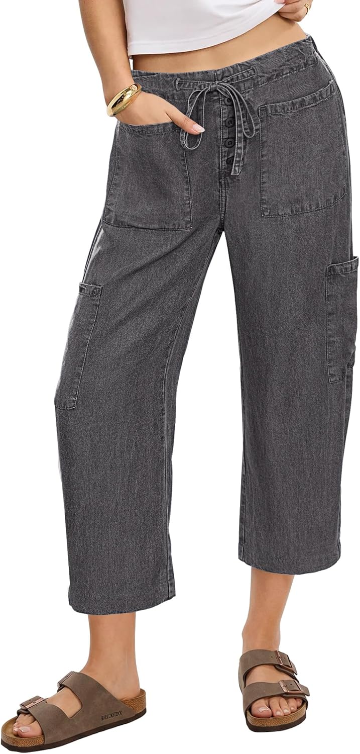 luvamia Barrel Jeans for Women Trendy Wide Leg High Rise Baggy Pull On Elastic Waist Button Fly Drawstring Denim Pants