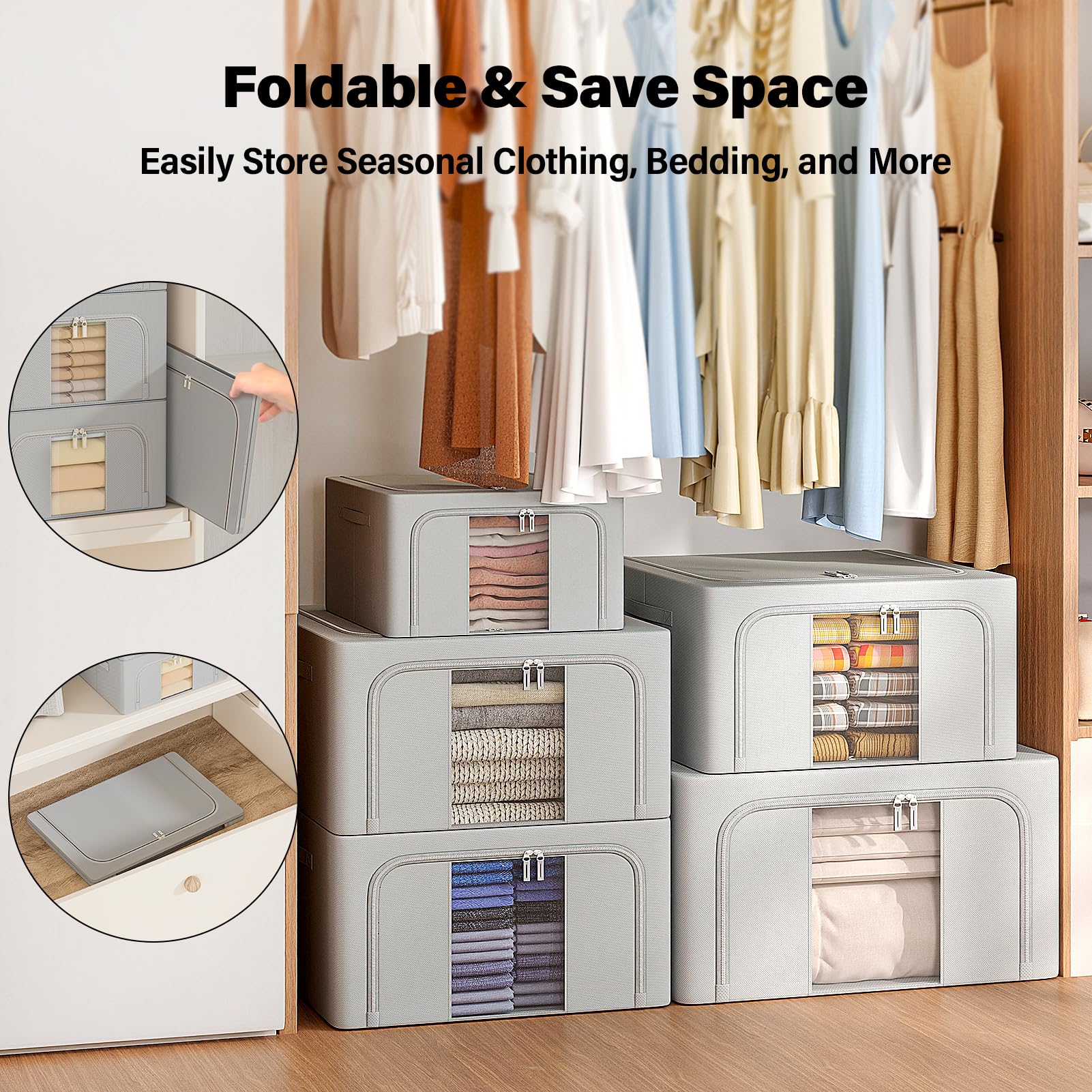 GoMaihe 3 Stück Aufbewahrungstasche mit Metallrahmen 198L - Stapelbare Aufbewahrungstasche für Bettdecken Kleidung - Faltbare Kleideraufbewahrung Box Abstellraum Kleiderschrank Organizer (Grau,66L)