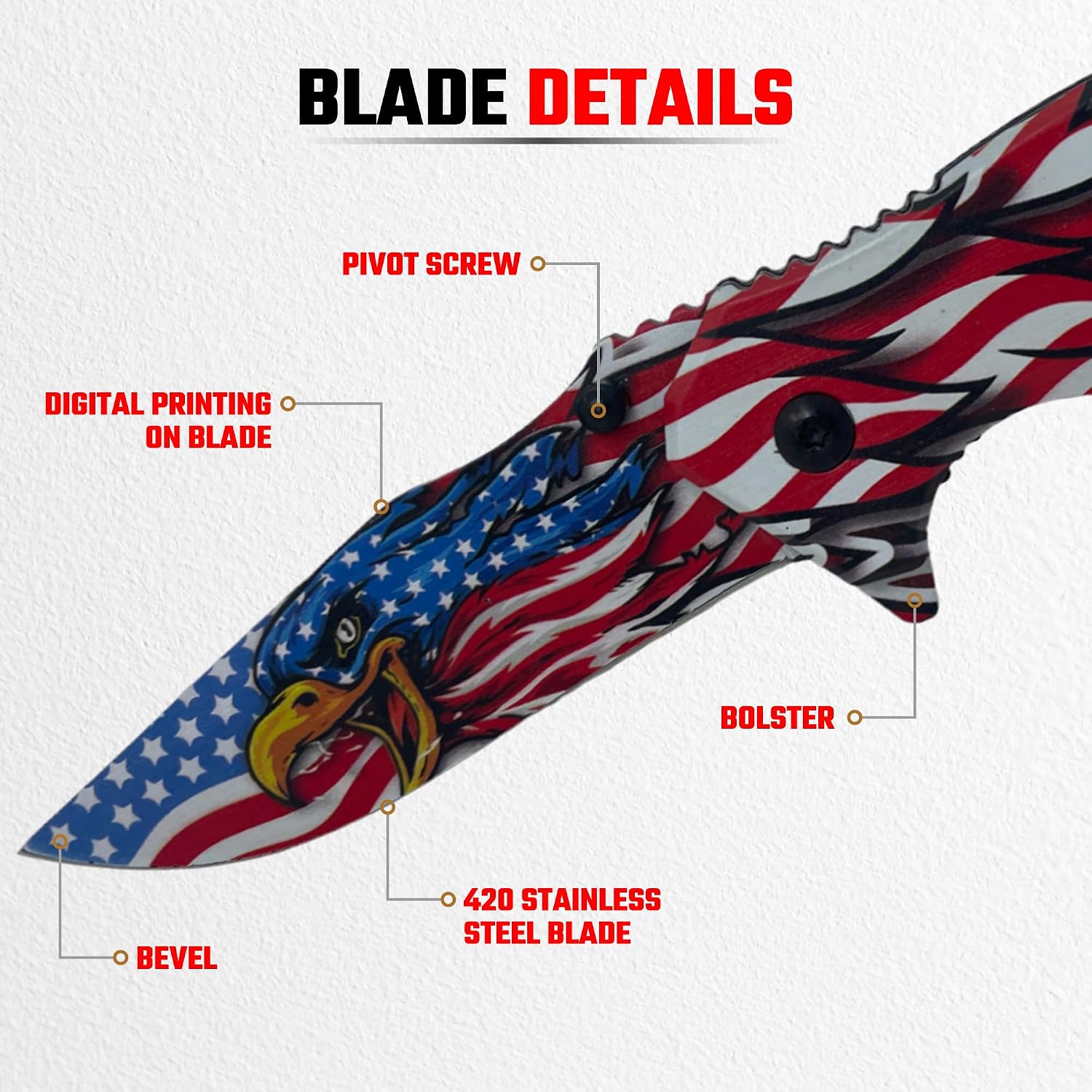 Hunting Knife - American Patriotic Camping Knife - America Folding Pocket Knife - 420 Stainless Steel With Cool Design & American Flag Knives Artwork For Collectors & Enthusiasts