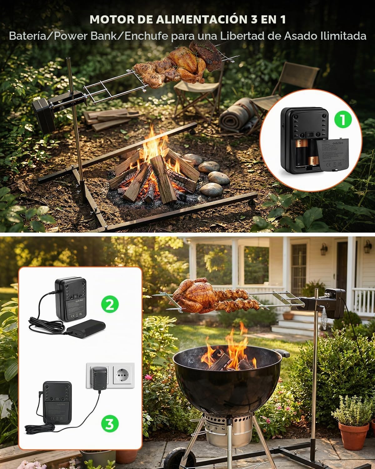 Onlyfire Asador Giratorio Eléctrico para Barbacoa, Altura Regulable 32,5-97cm, Motor 3 en 1, Kit de Brocheta Eléctrica para Fogones, Hogueras y Barbacoas de Carbón, Asador de Lechón Acero Inoxidable