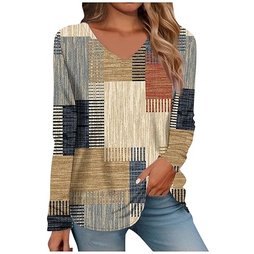 Cowgirl Shirts for Women Fringe Tunic Tops V Neck Color Block Patchwork Business Long Sleeve Tshirts Plus Size Pullover for Women Fall Loose Fit Shirts for Leggings Khaki 2X