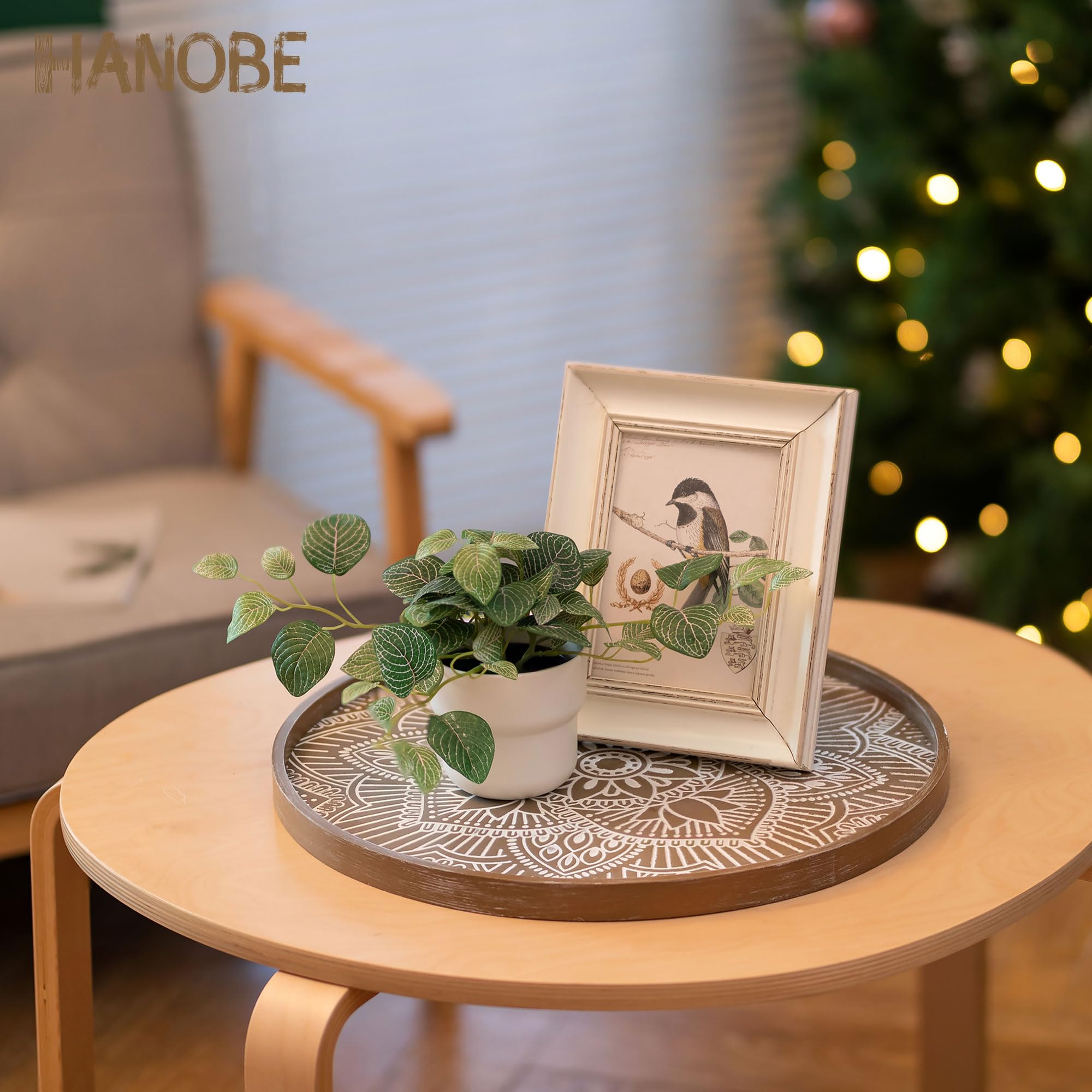 Vassoio Rotondo In Legno Naturale 40 Cm Con Manico - Portata Rustico Per Tavolo, Centrotavola Decorativo - Foto 7