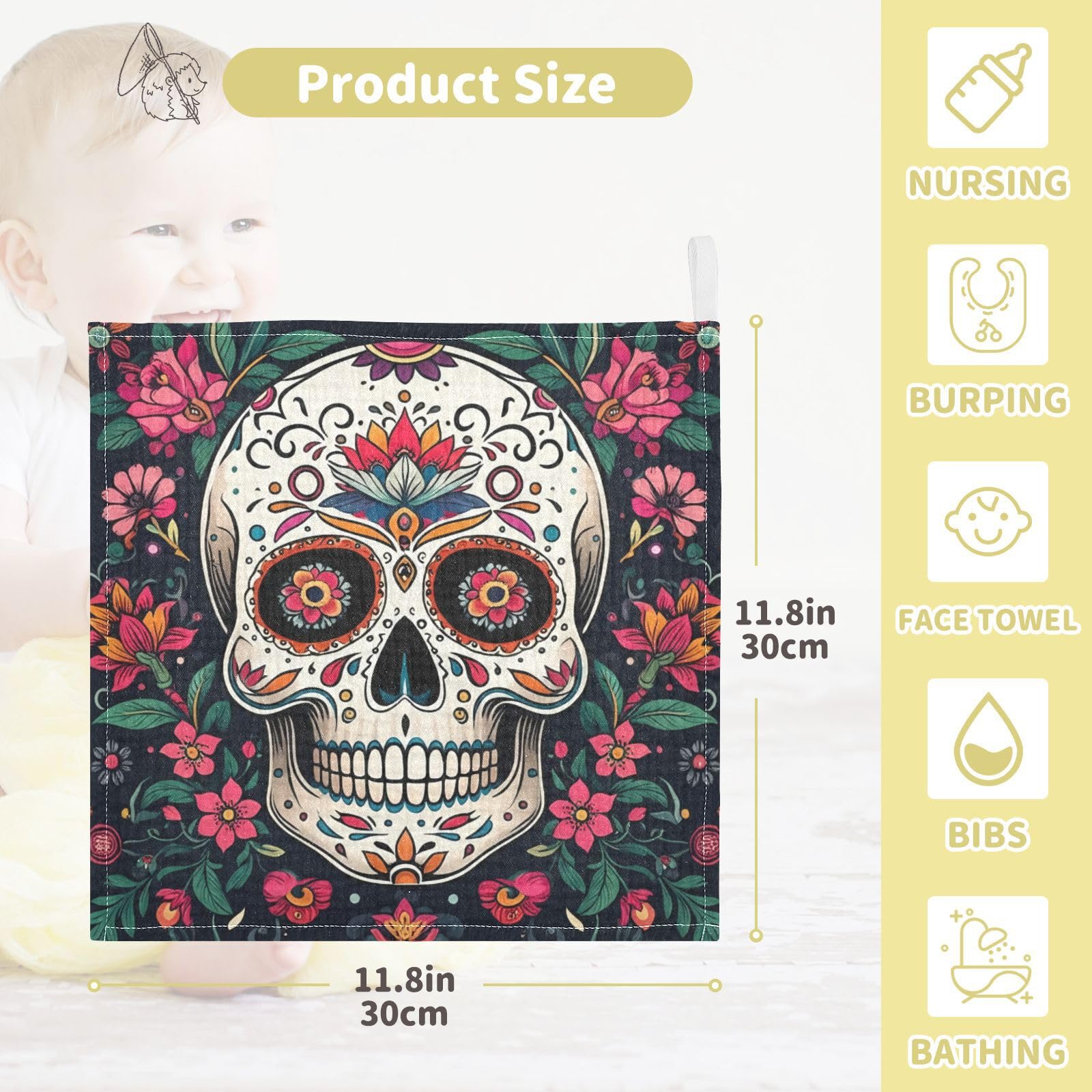 Kigai Colored Sugar Skull Baby Washcloths,3pcs Ultra Soft Absorbent Towel,Newborn Bath Face Towel, Natural Reusable Baby Wipes for Sensitive Skin, Baby Registry as Shower