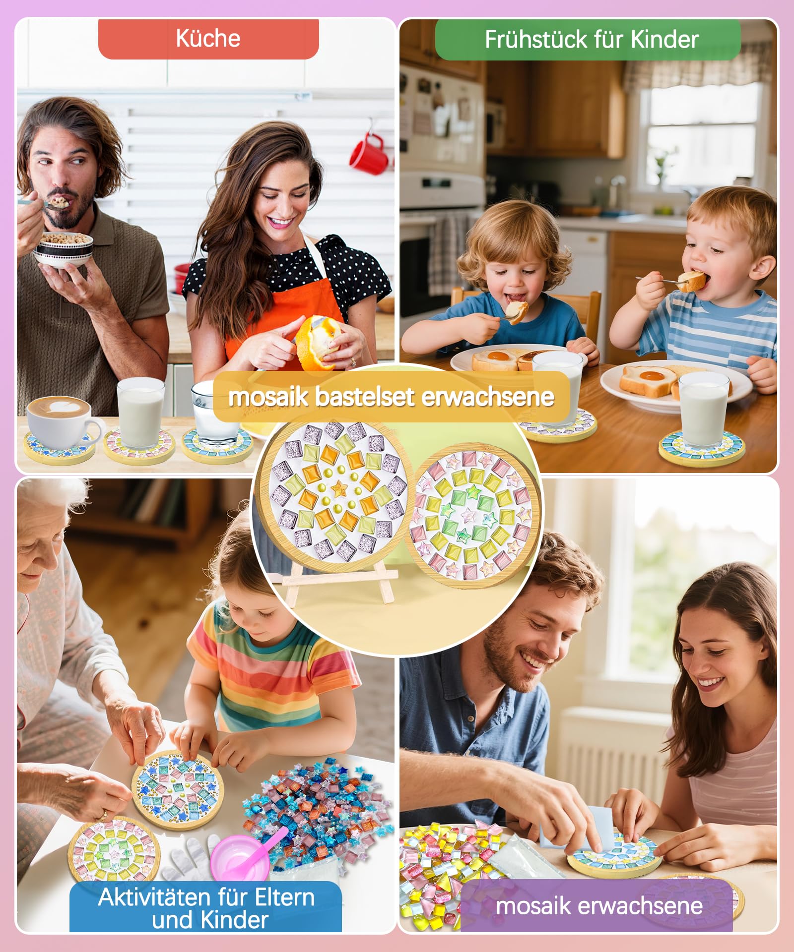 Finsink Set di 8 sottobicchieri a mosaico per bambini, set fai da te,di sottobicchieri in legno, set di pietre a mosaico per il fai da te, regalo di compleanno per bambini adulti