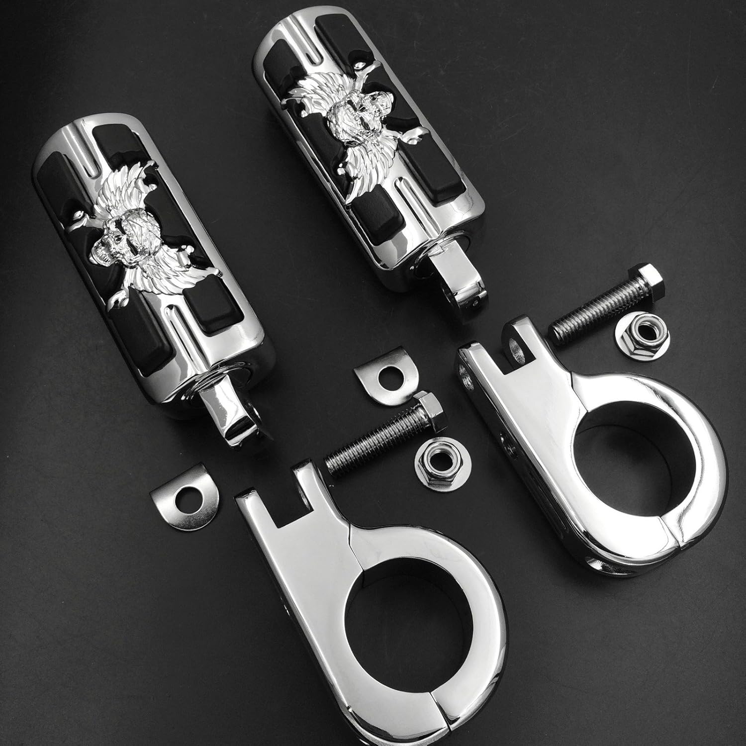 XKMT-Wing Skull Zombie Shape Rider 1 1/2" Stiletto 4475 Foot Peg P-Clamps Compatible With Shadow ACE Magna Valkyrie Chrome Body Black Rubber Quality Product [B013OWDWKK]