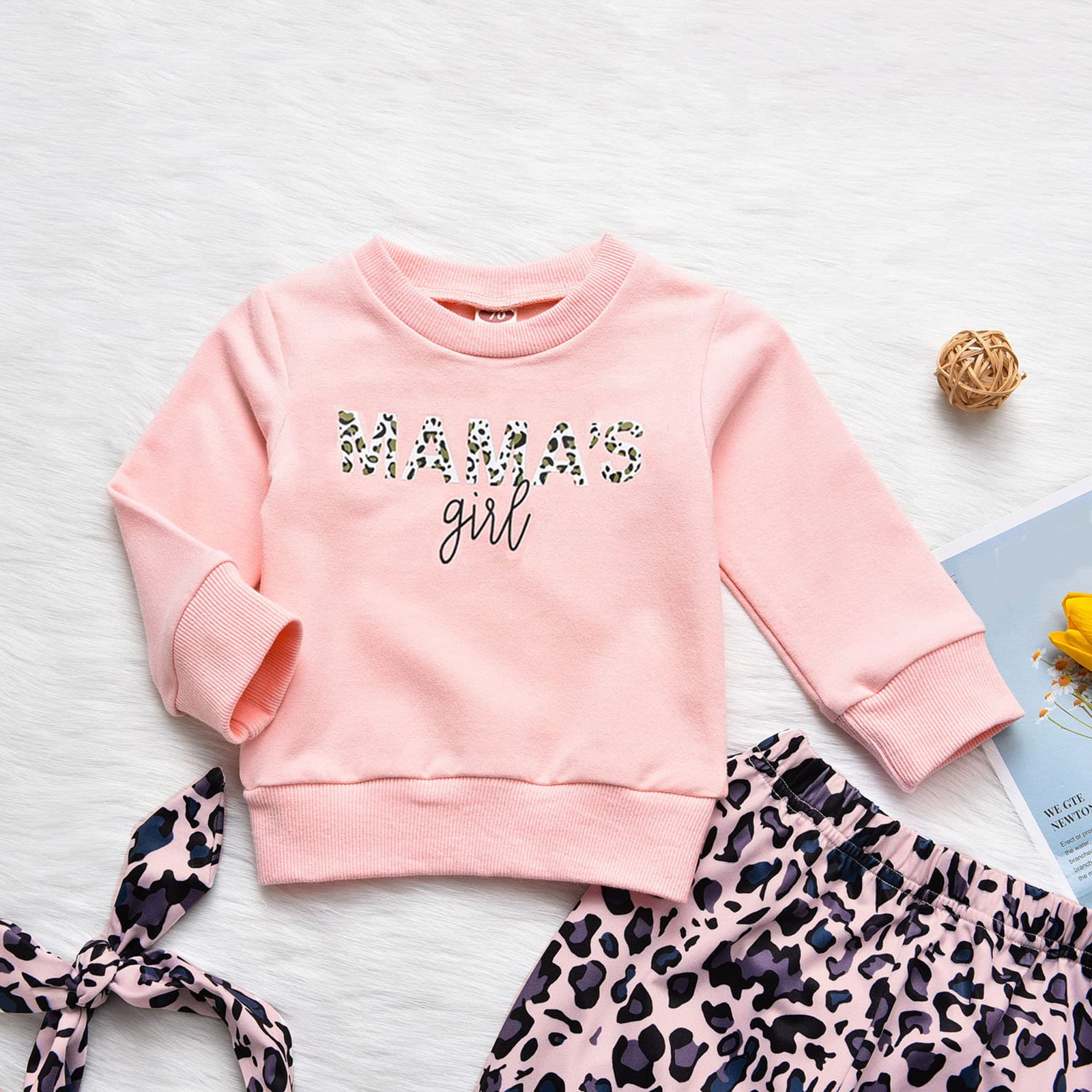 Generisch Trainingsanzug Kinder Jogginganzug Sportanzug Mädchen Set Kleinkind Neugeborenes Baby Mädchen Langarm Brief Sweatshirt Tops Leopardenmuster Hosen Hosen mit Stirnbändern Outfit Set