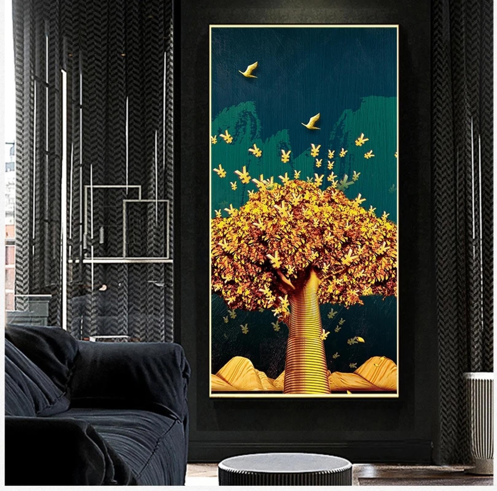 Peinture murale pour grand salon | Décoration scandinave dorée