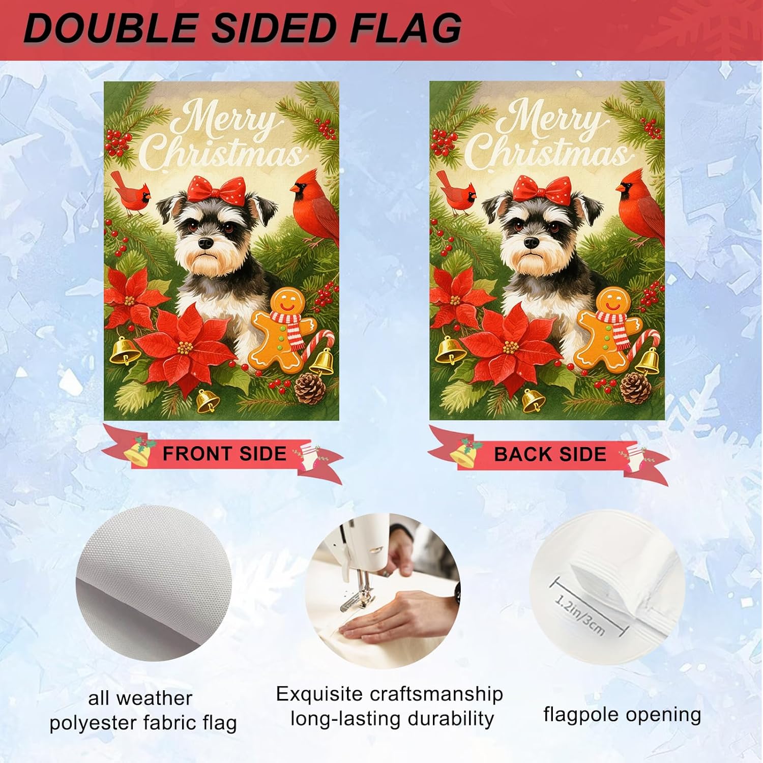 IVN Christmas Garden Flag 12x18 Inch Double Sided Schnauzer Dog with Poinsettia Flowers Redbird and Gingerbread Man Outdoor Yard Flag for Outside Home Front Door Lawn Porch Patio Welcome Decor - Image 4